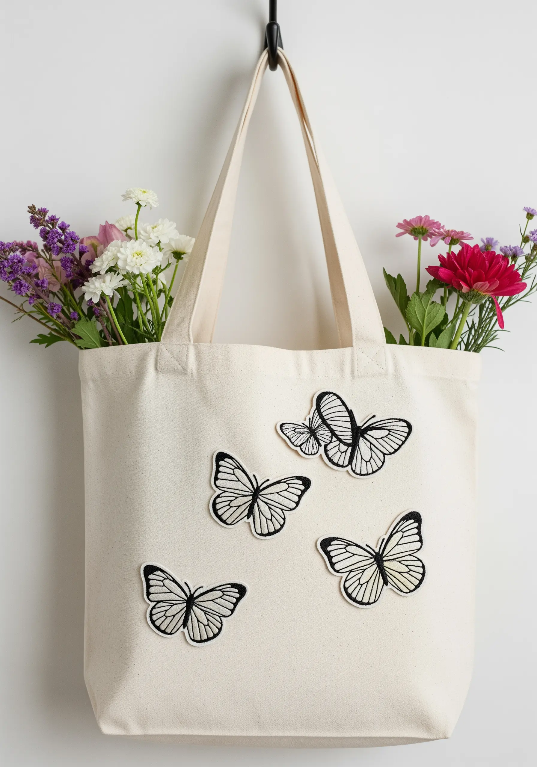 A canvas tote bag decorated with four minimalist, line-art butterfly patches.