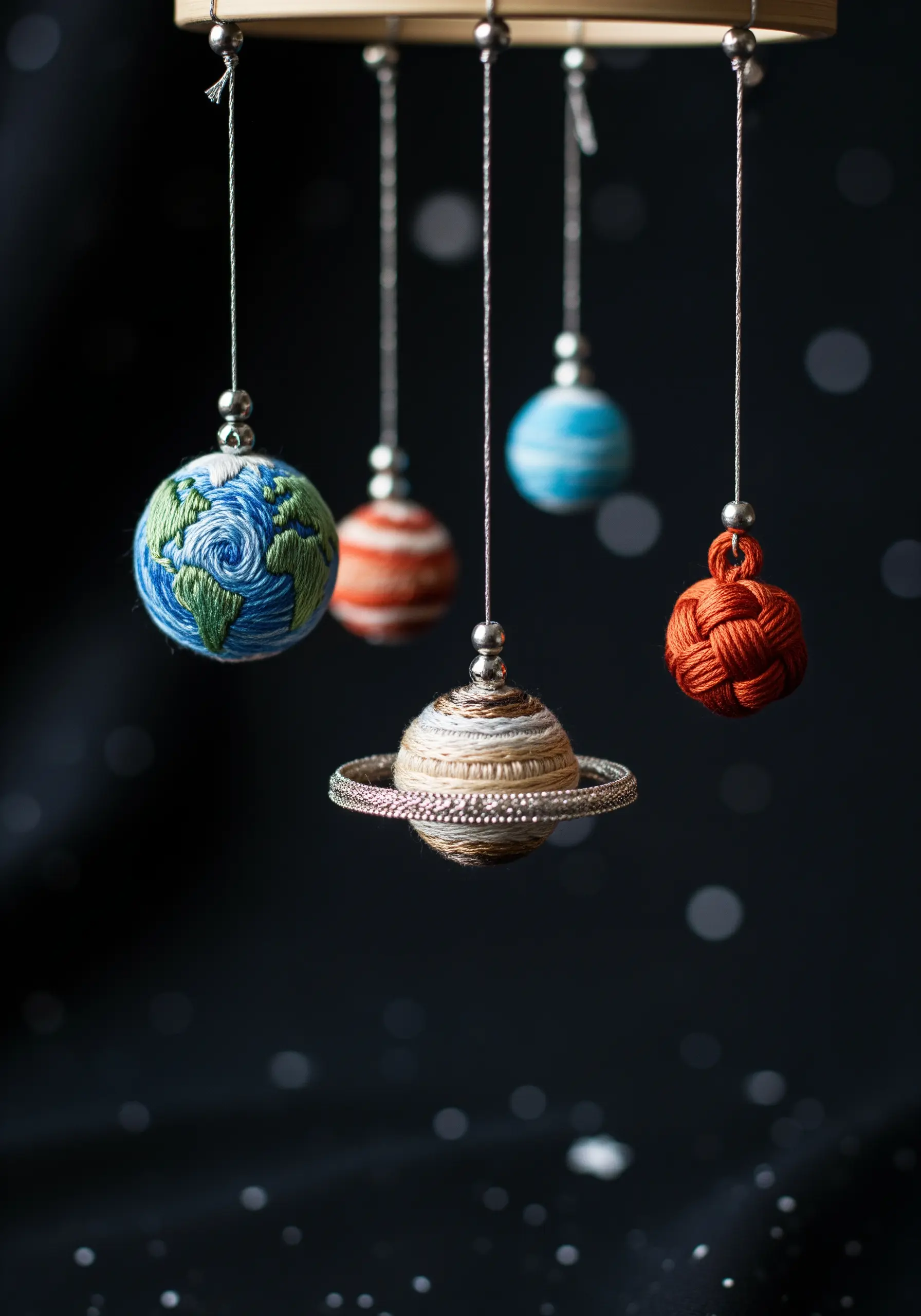 A miniature solar system mobile with planets made from thread-wrapped and embroidered spheres.