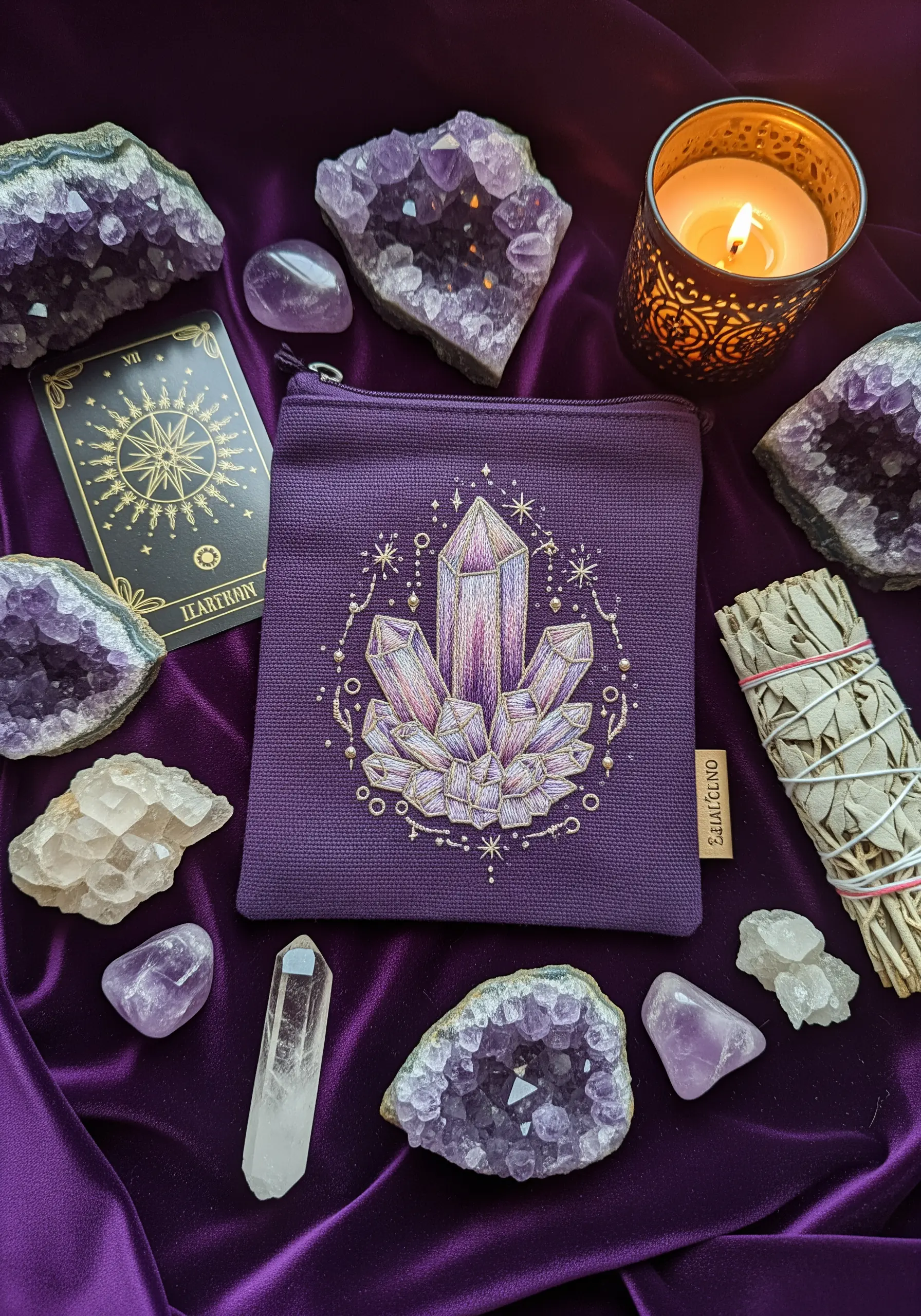 An embroidered cluster of amethyst crystals on a purple pouch.