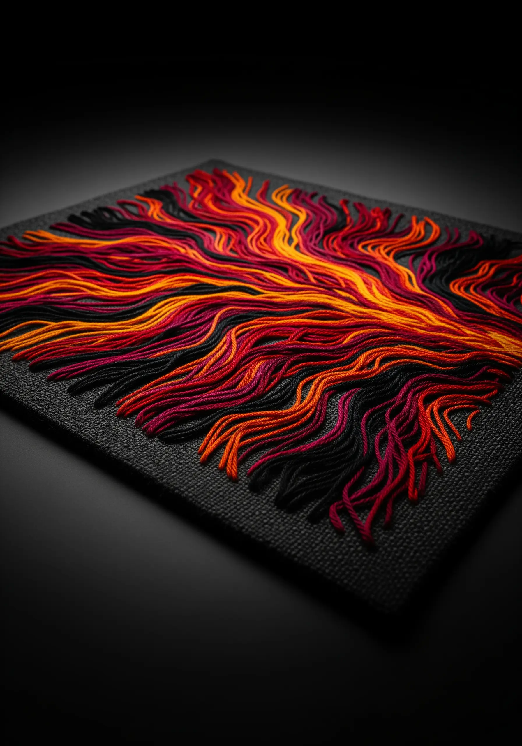 Flowing, flame-like abstract embroidery using couched threads in red, orange, and black.