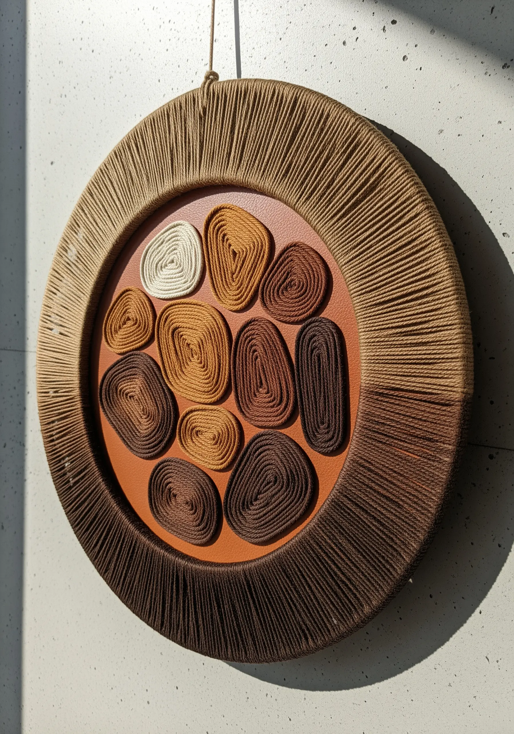 Coiled and wrapped threads in a brown and cream gradient, arranged on a circular surface.