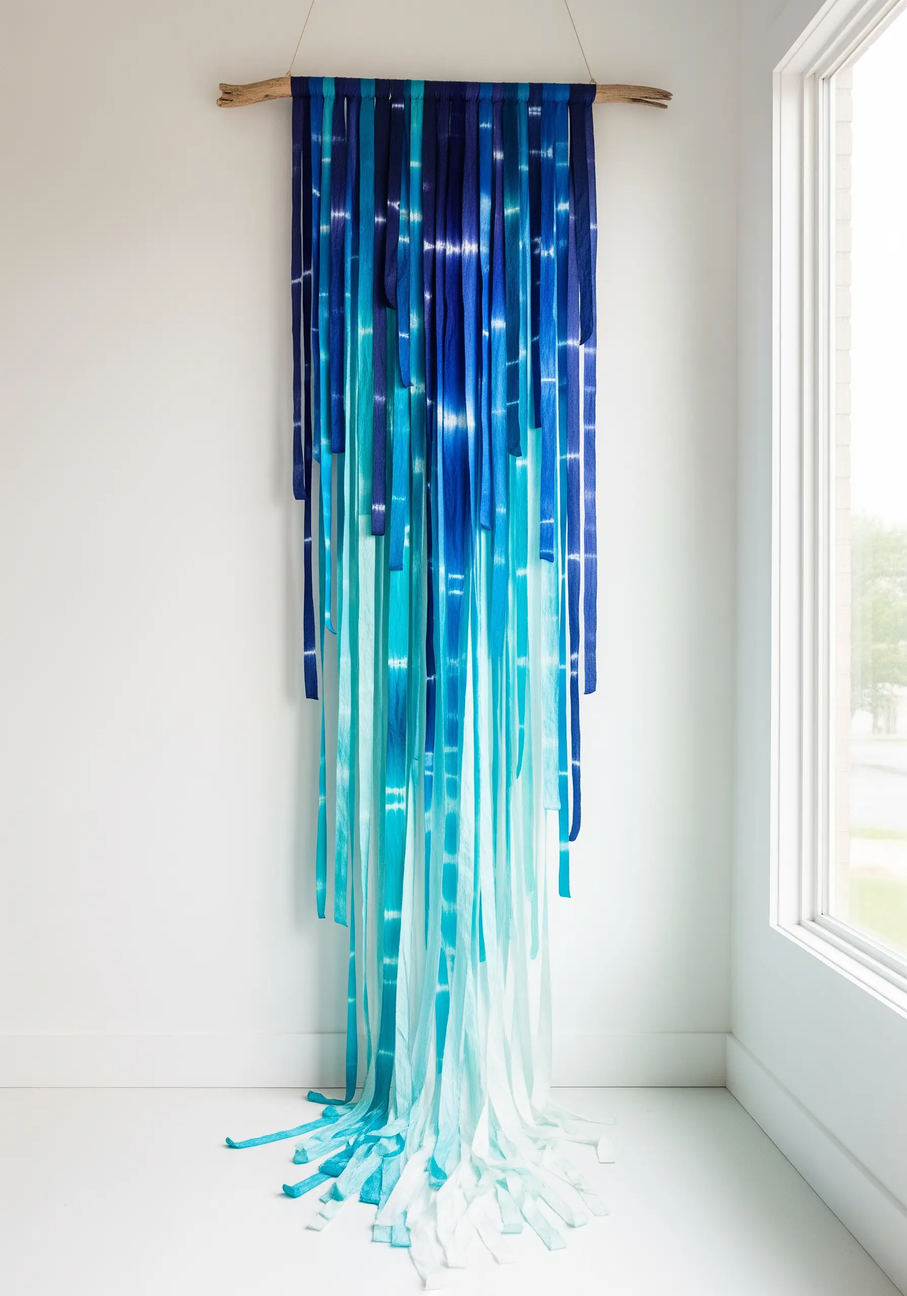 A wall hanging made of long, dip-dyed fabric strips in a blue gradient, hanging from a branch.