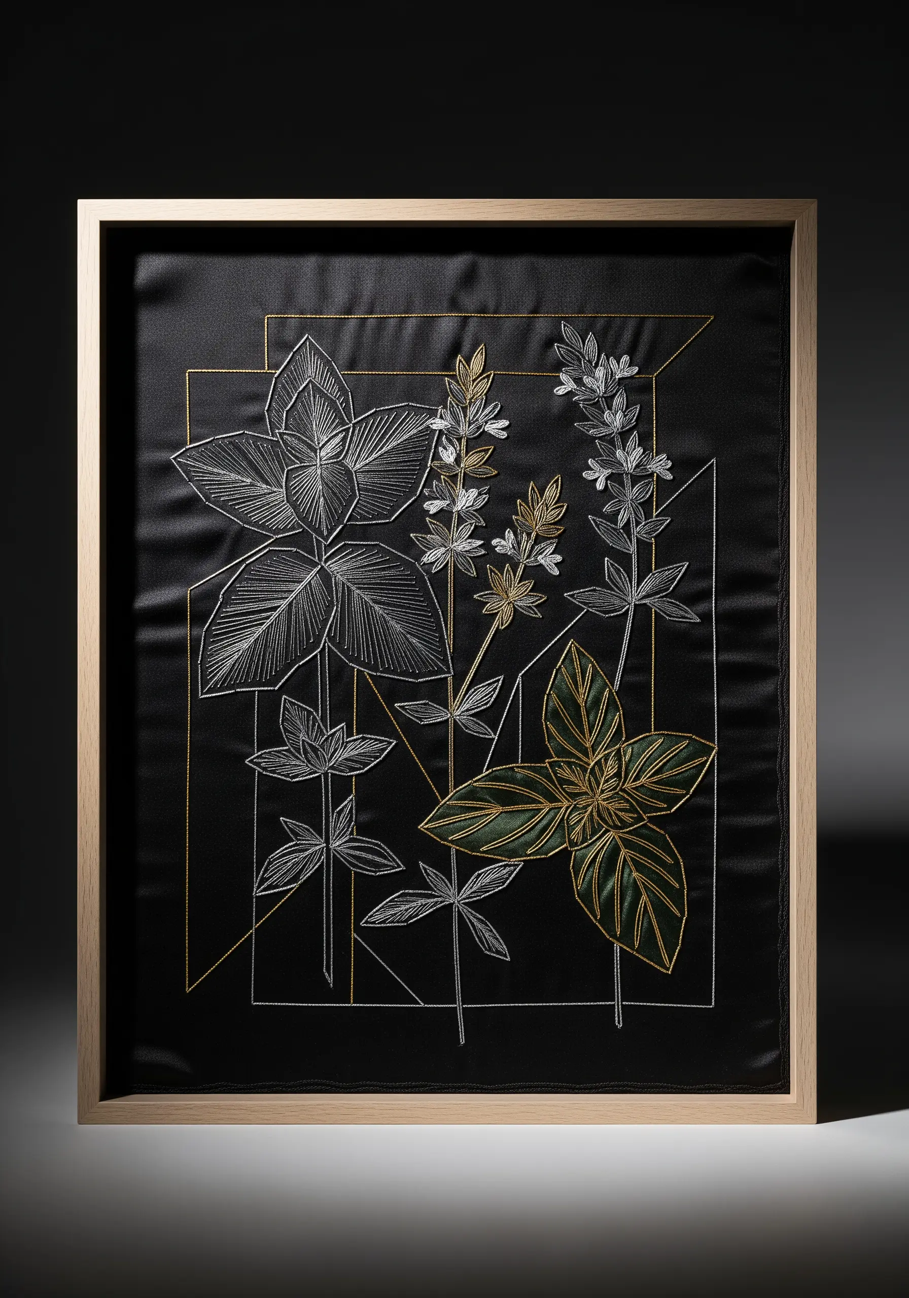 Modern, geometric line art of basil leaves stitched in metallic thread on black fabric.