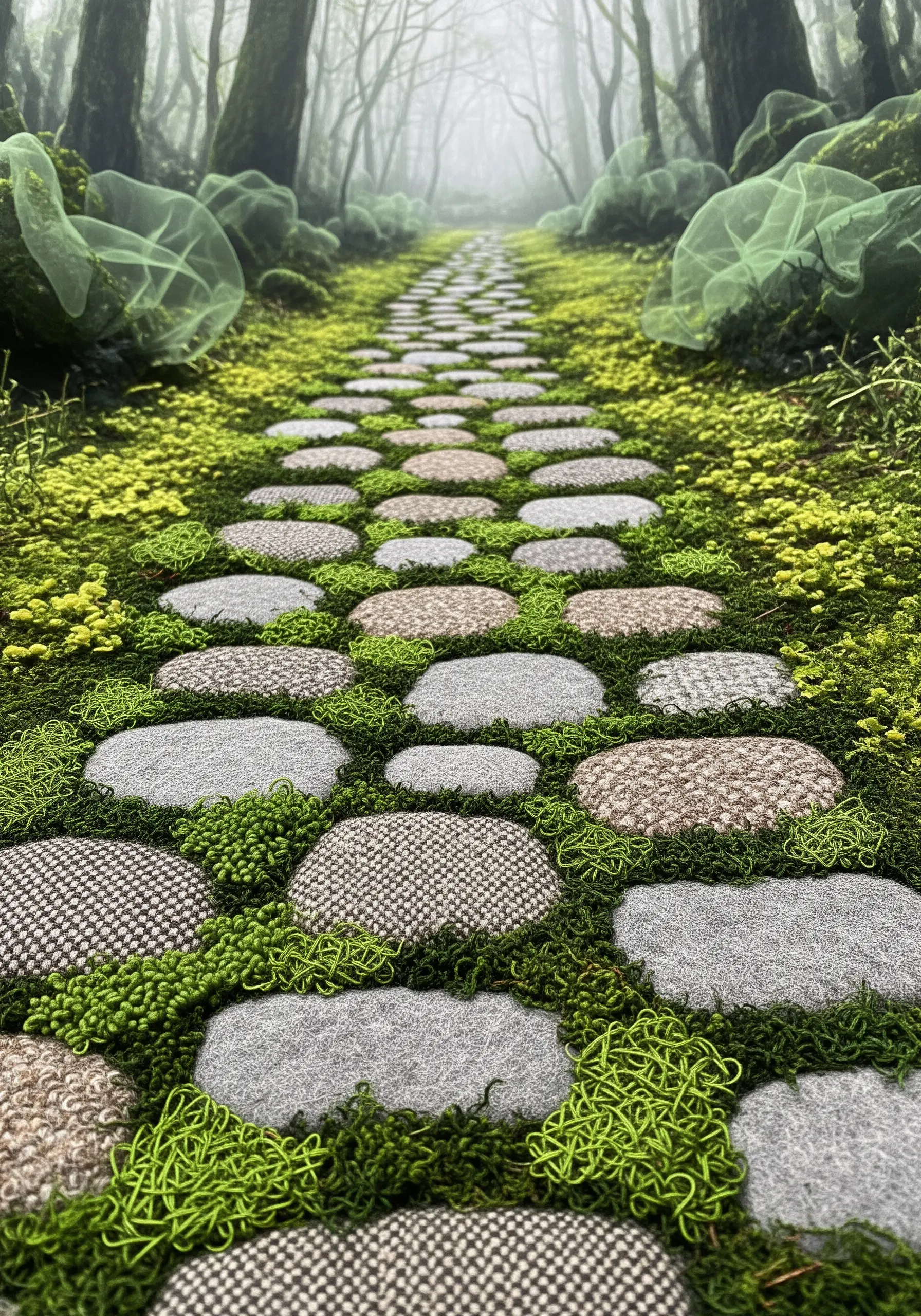 A forest path with textured yarn moss and appliqué fabric stepping stones.