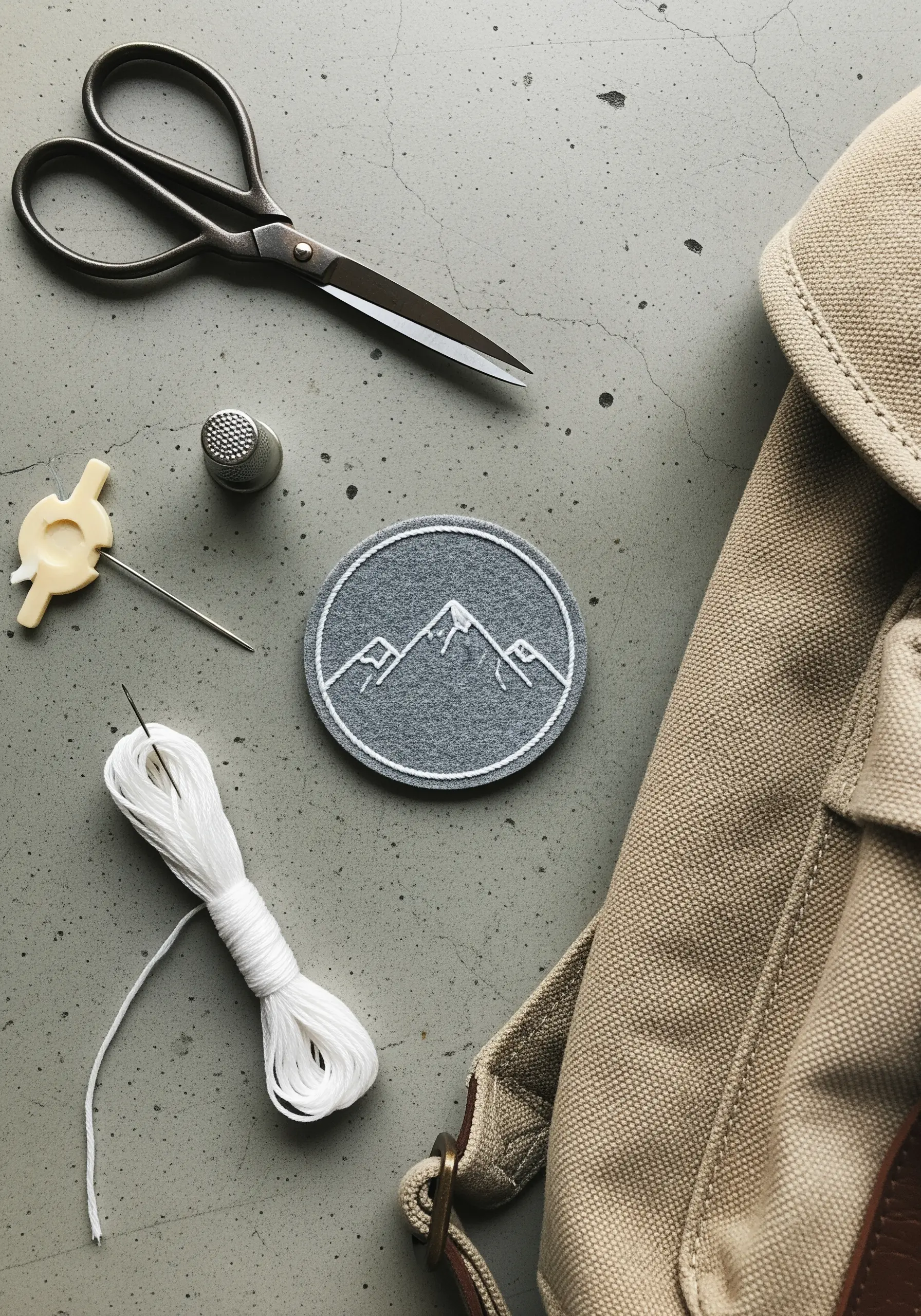 A simple white line-art mountain range embroidered on a round grey felt patch.