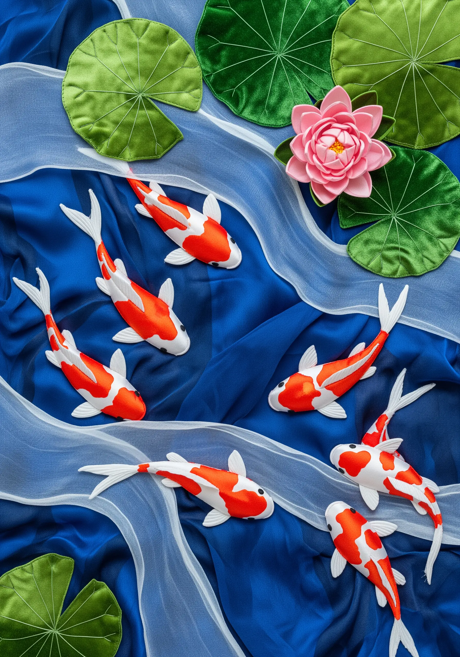 Koi fish appliqués on a layered background of blue satin and draped organza.