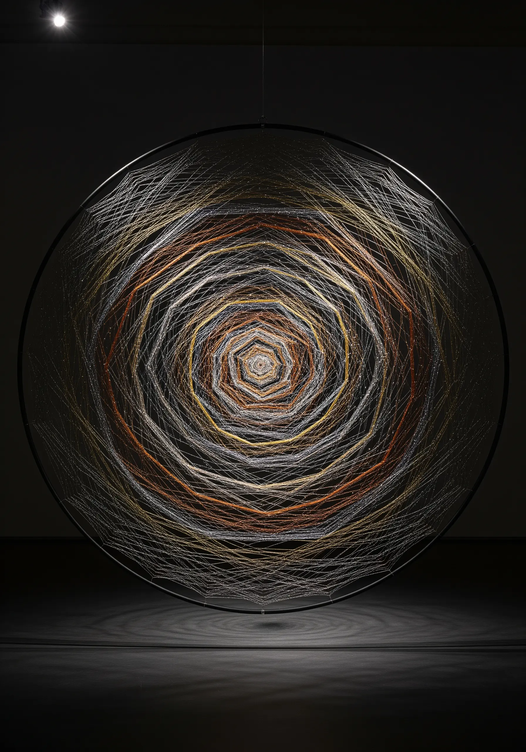 A large circular frame filled with radially strung threads in metallic and earth tones, creating a vortex.