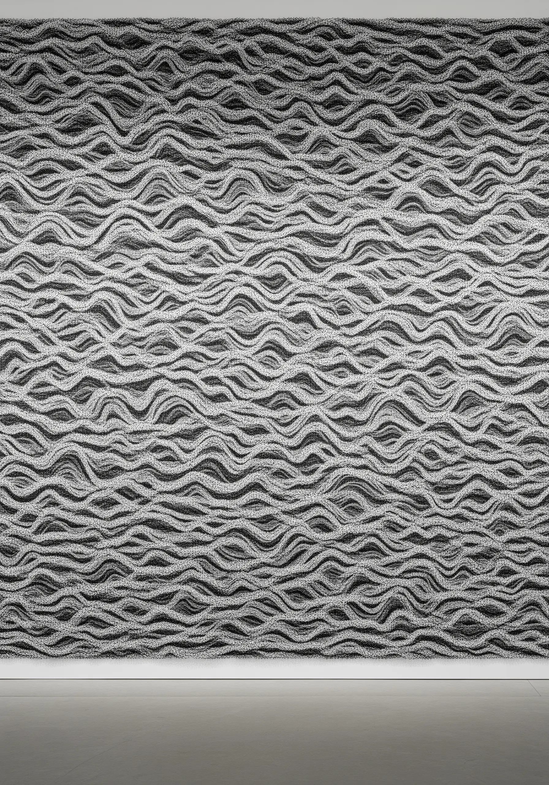 A wall covered in dense, wavy black and white stitched texture, resembling static.