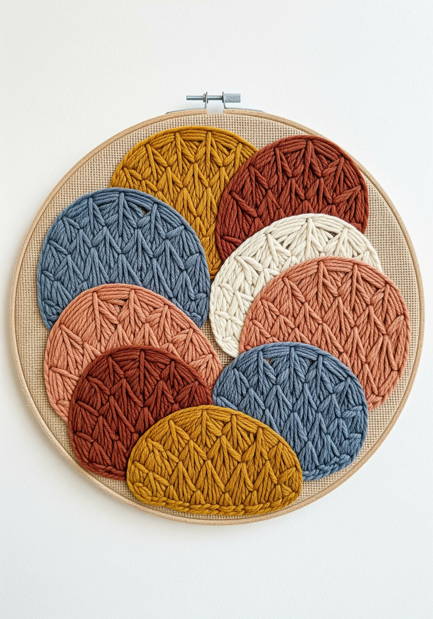 Oval shapes filled with a geometric laid work pattern in earthy tones.