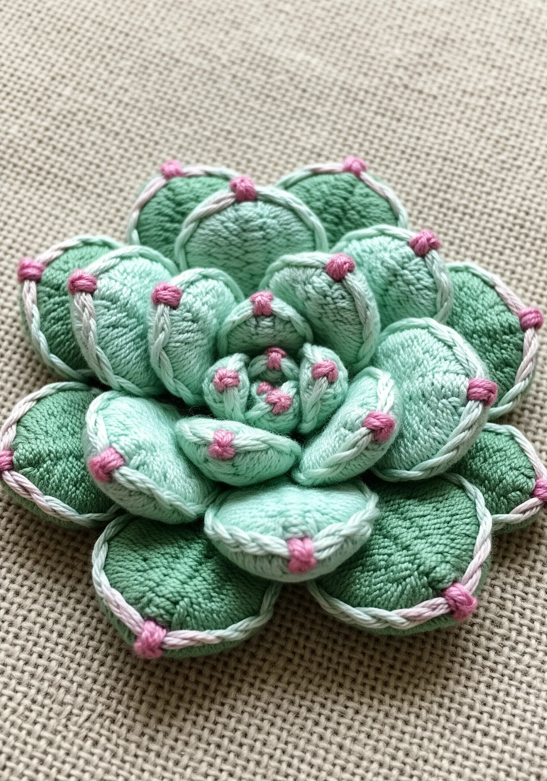 3D succulent embroidery using thick mint green thread and woven stitches