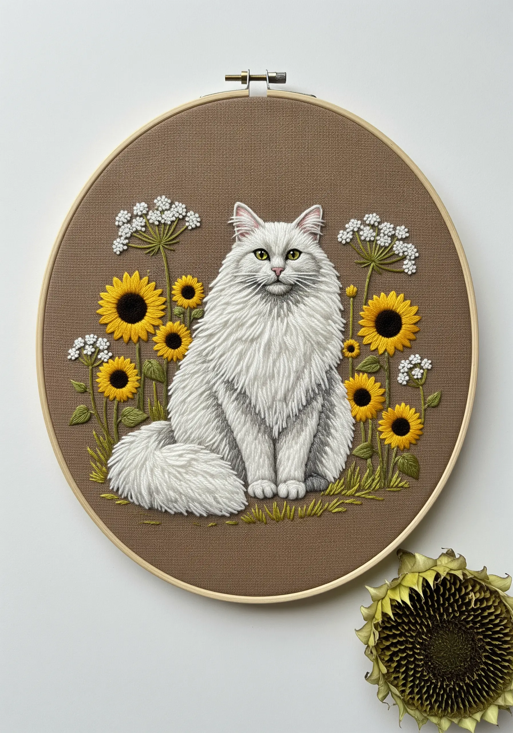 Fluffy white cat with long layered stitches, surrounded by sunflowers.