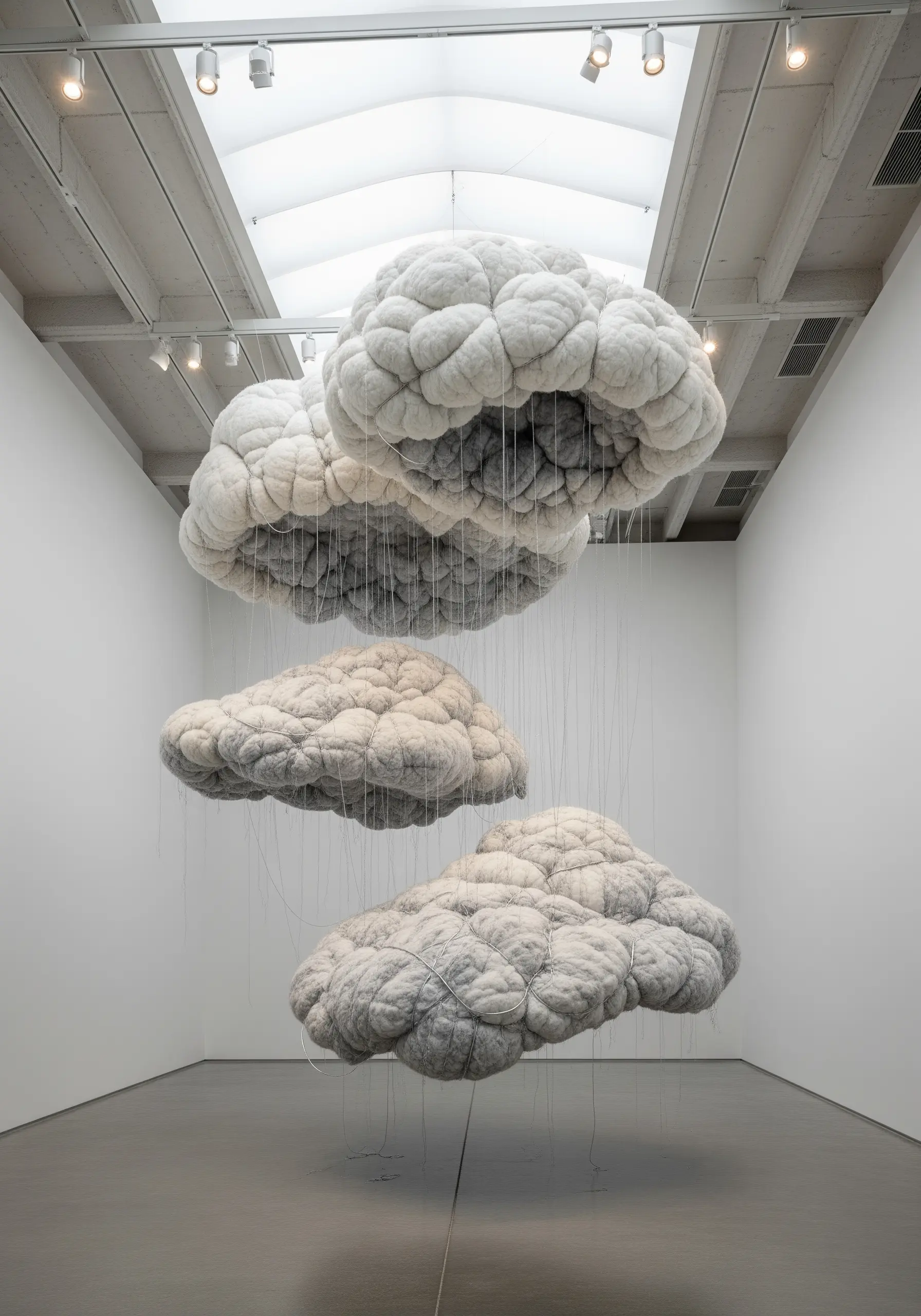 Large-scale sculptural clouds made from felted wool hanging in a white gallery space.