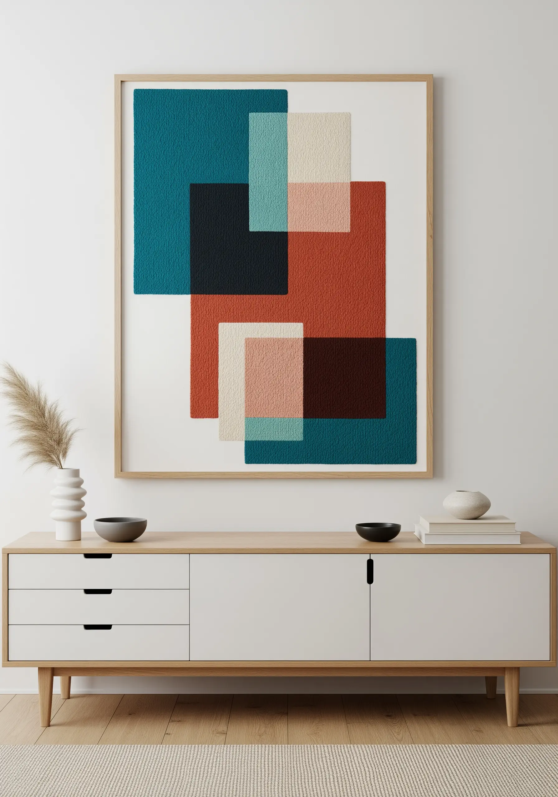 Abstract modern art with overlapping, semi-transparent embroidered color blocks.