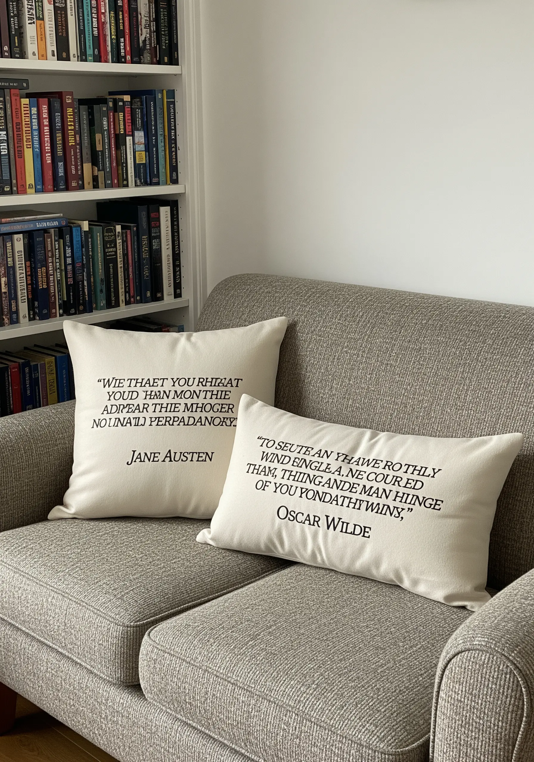 Two off-white cushions embroidered with literary quotes from Jane Austen and Oscar Wilde.