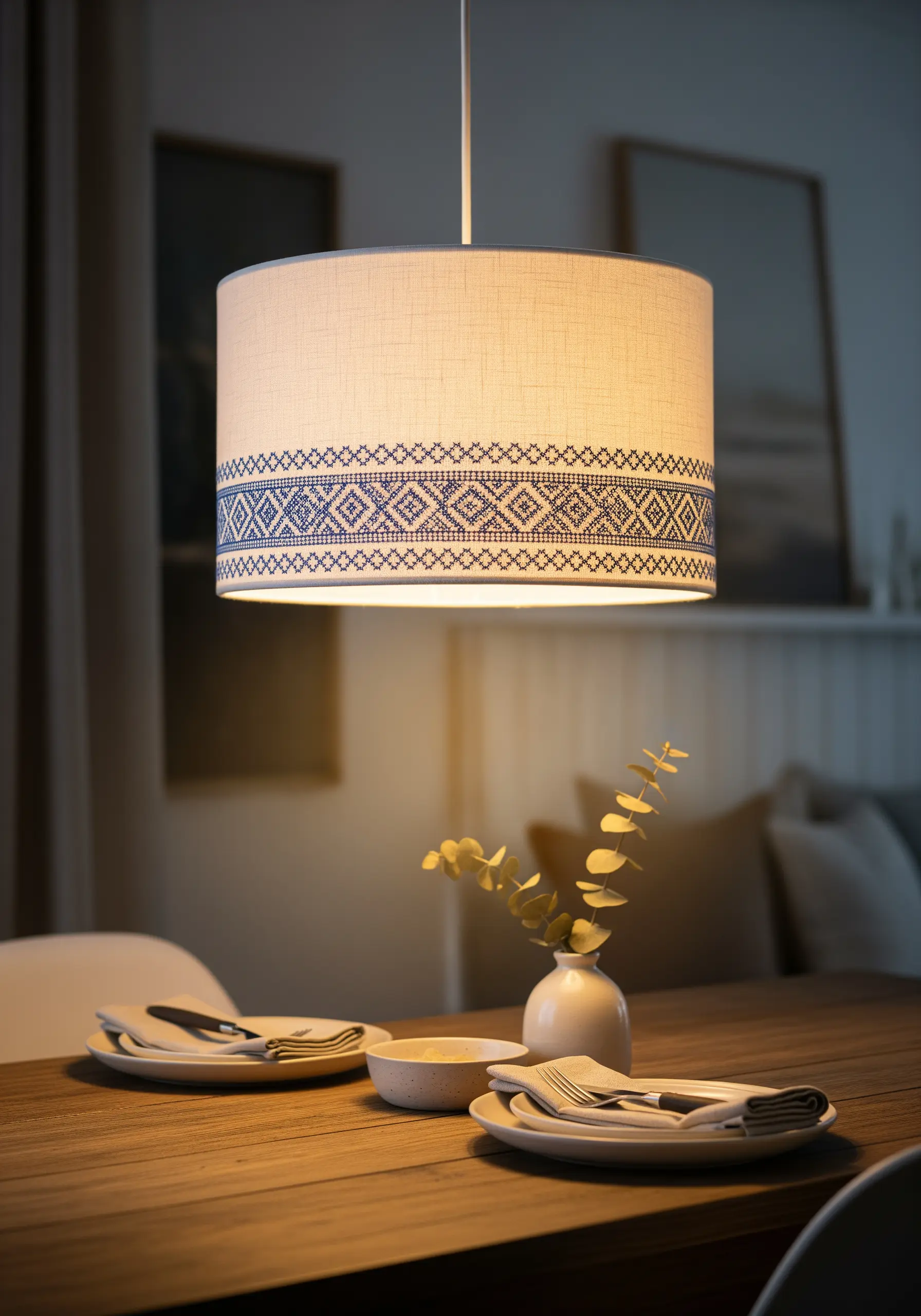 Pendant light shade with blue cross stitch geometric band