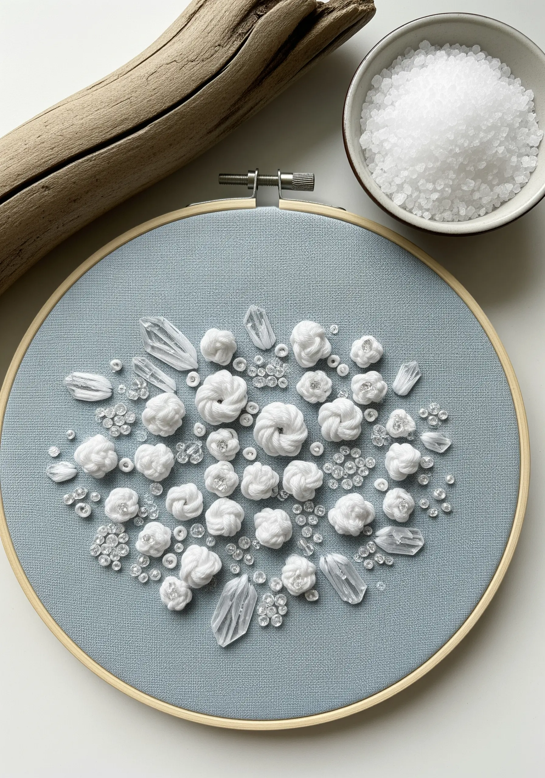 Embroidery hoop with white woven wheel stitches and clear beads, resembling ice crystals.