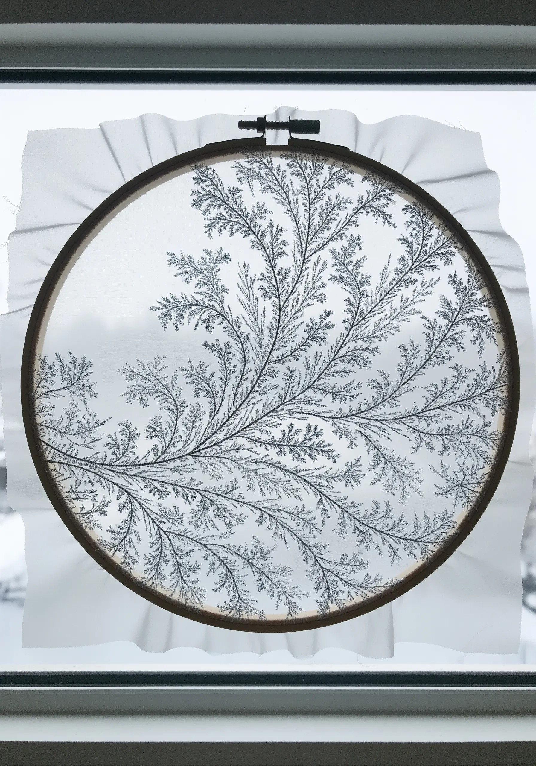 Embroidery in a hoop depicting delicate, branching frost patterns stitched on sheer white fabric.