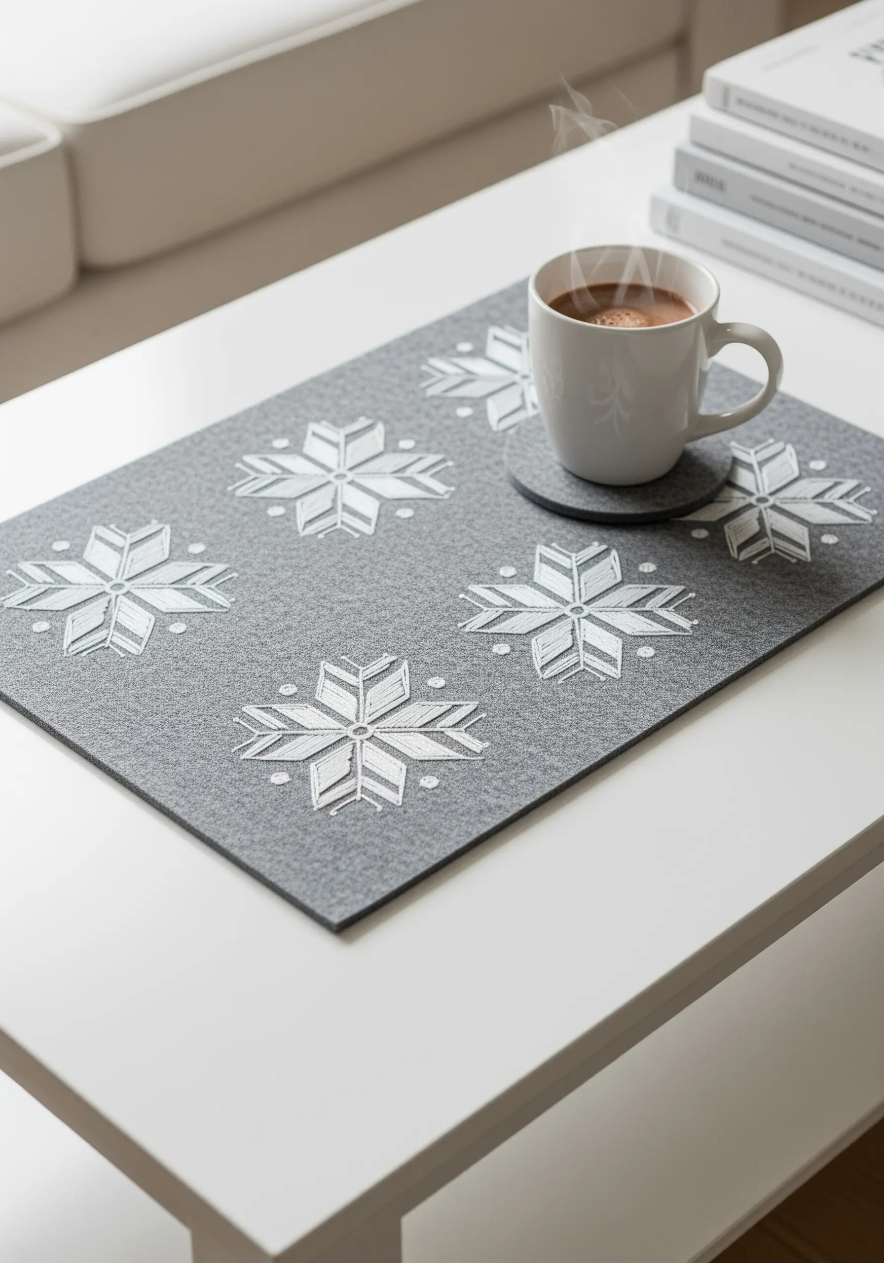 Gray felt placemat and coaster with embroidered white and silver snowflakes.
