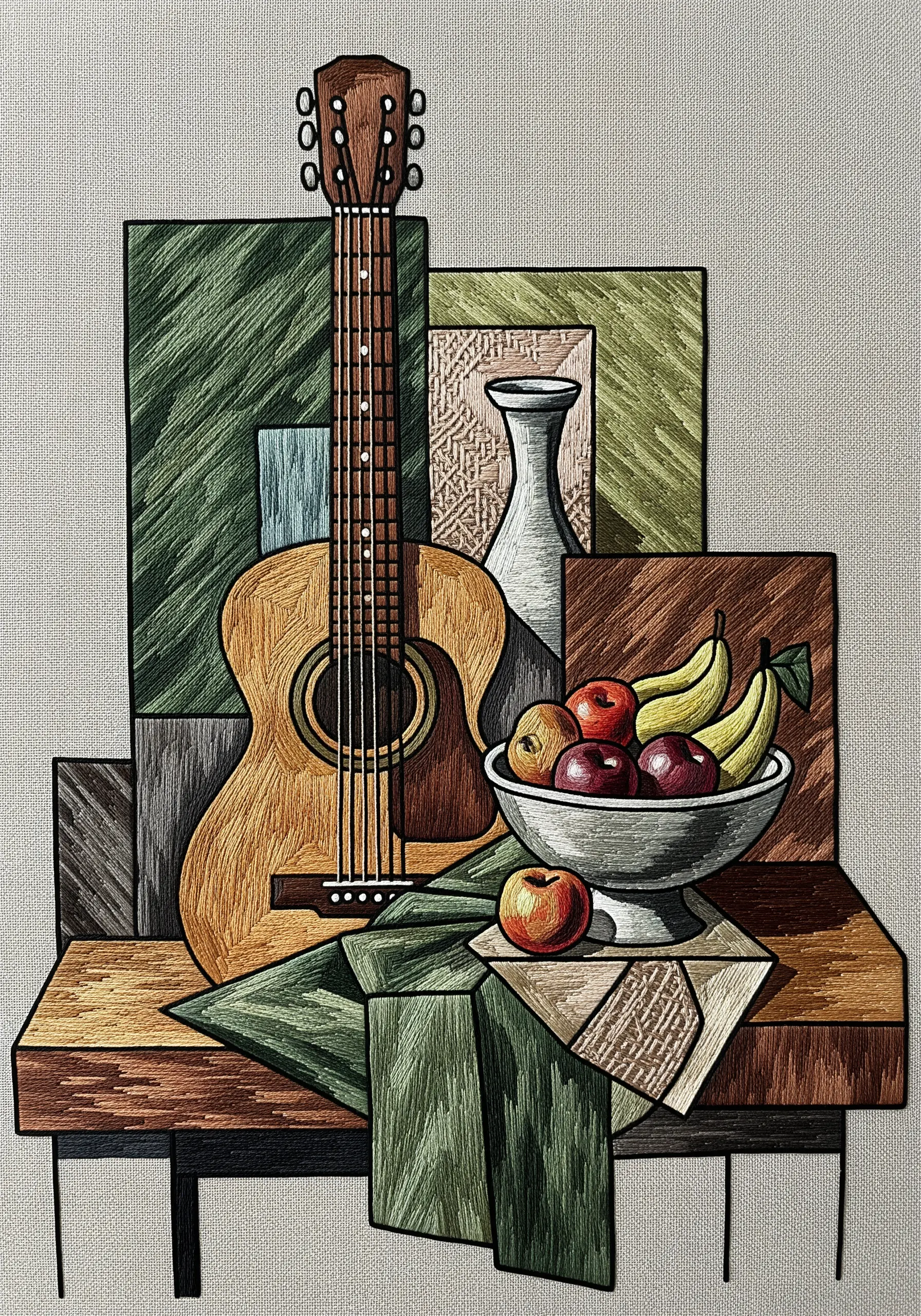An embroidered still life of a guitar and fruit bowl in a Cubist style with geometric shapes.