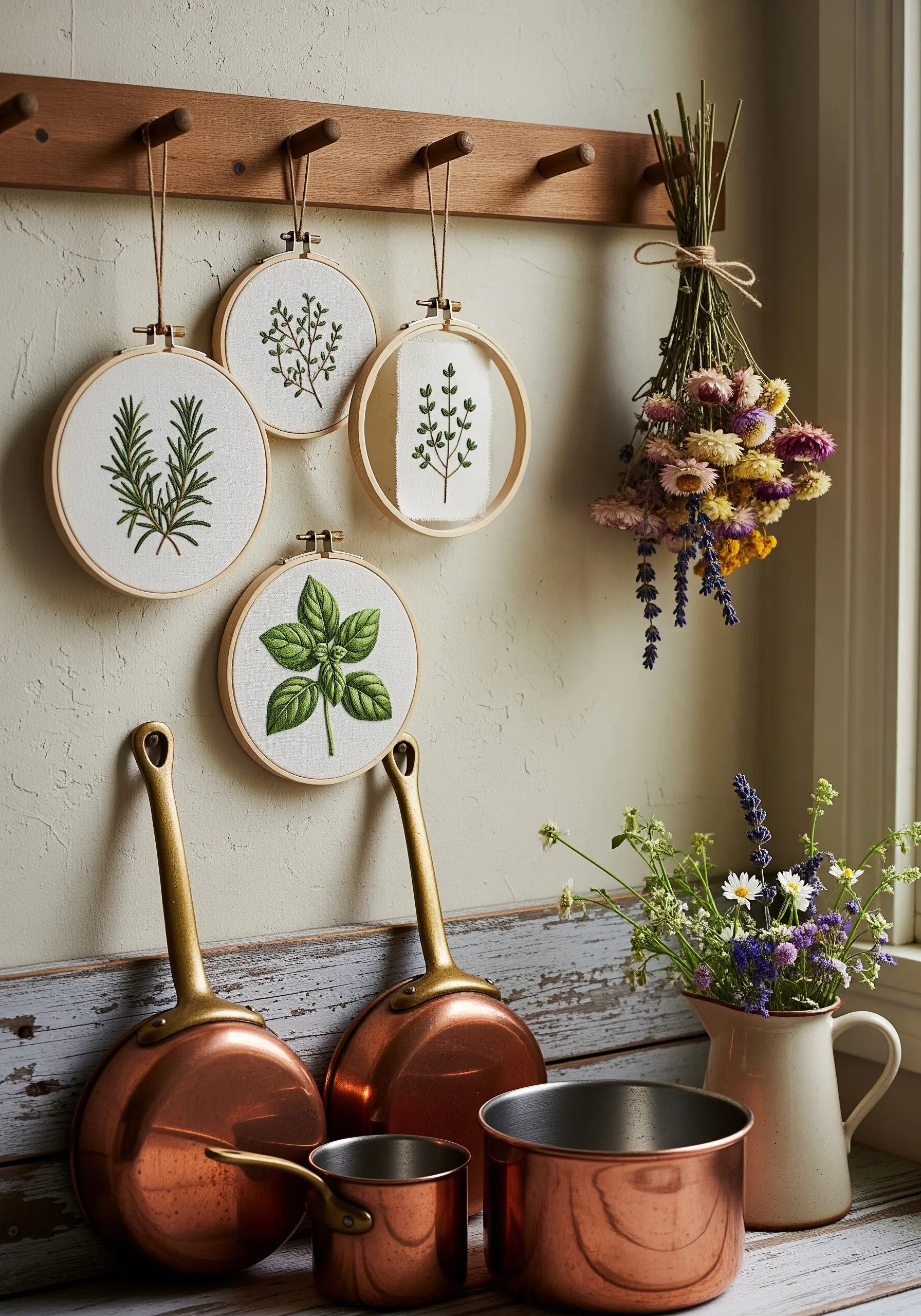 Herb embroidery patterns hanging in a kitchen setting