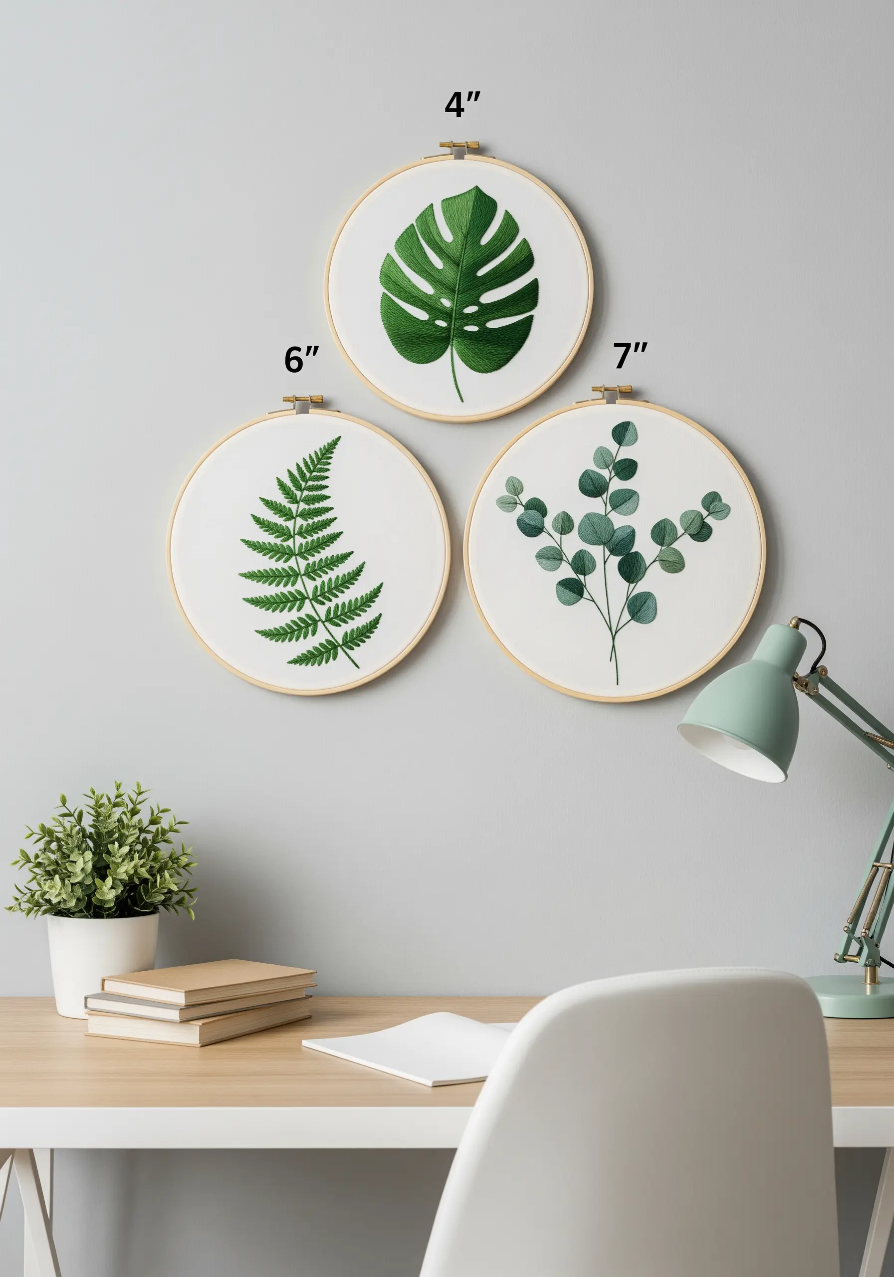 A gallery wall of three botanical embroidery hoops: monstera, fern, and eucalyptus.