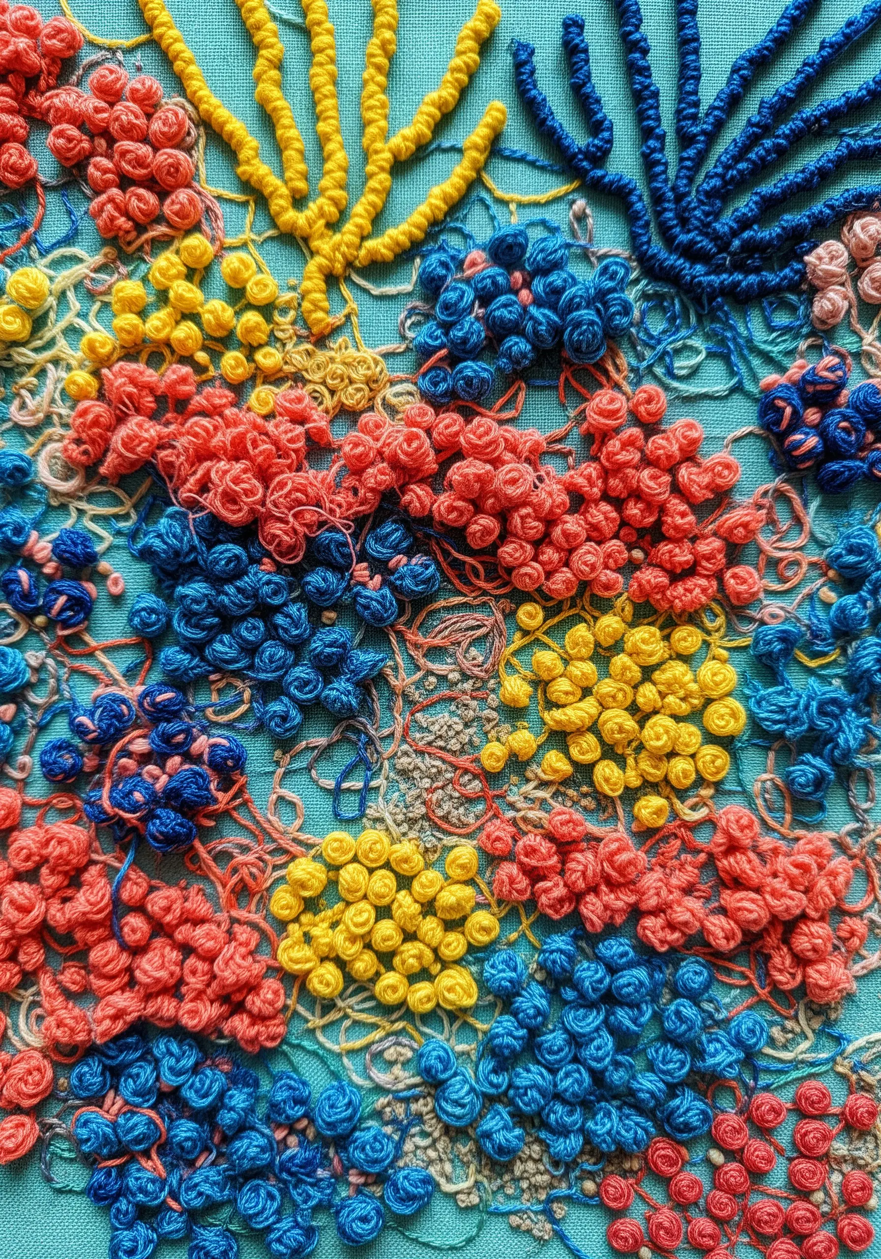 A dense collection of French knots and bullion stitches in red, yellow, and blue on a teal fabric