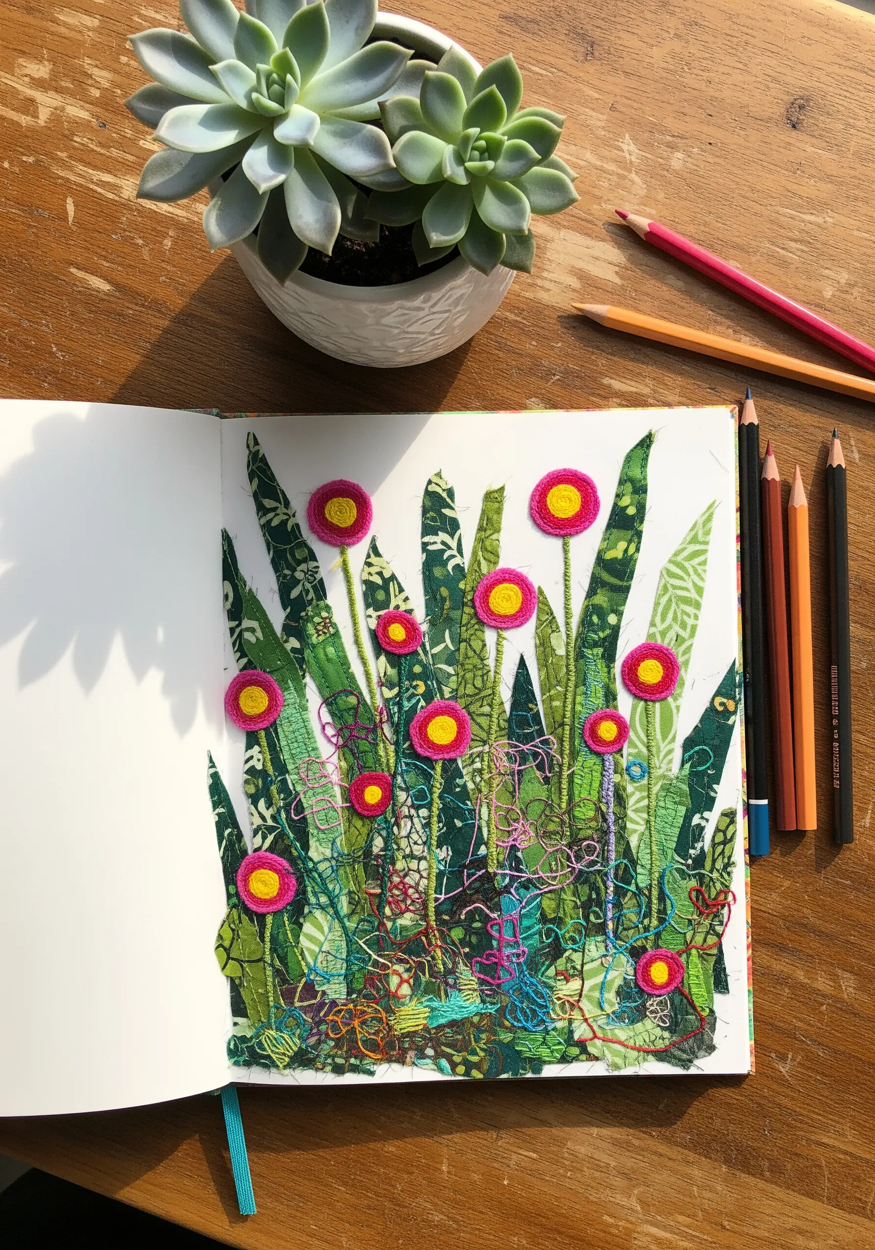 An art journal page with a collage of green patterned fabric leaves and freestyle, colorful stitching.