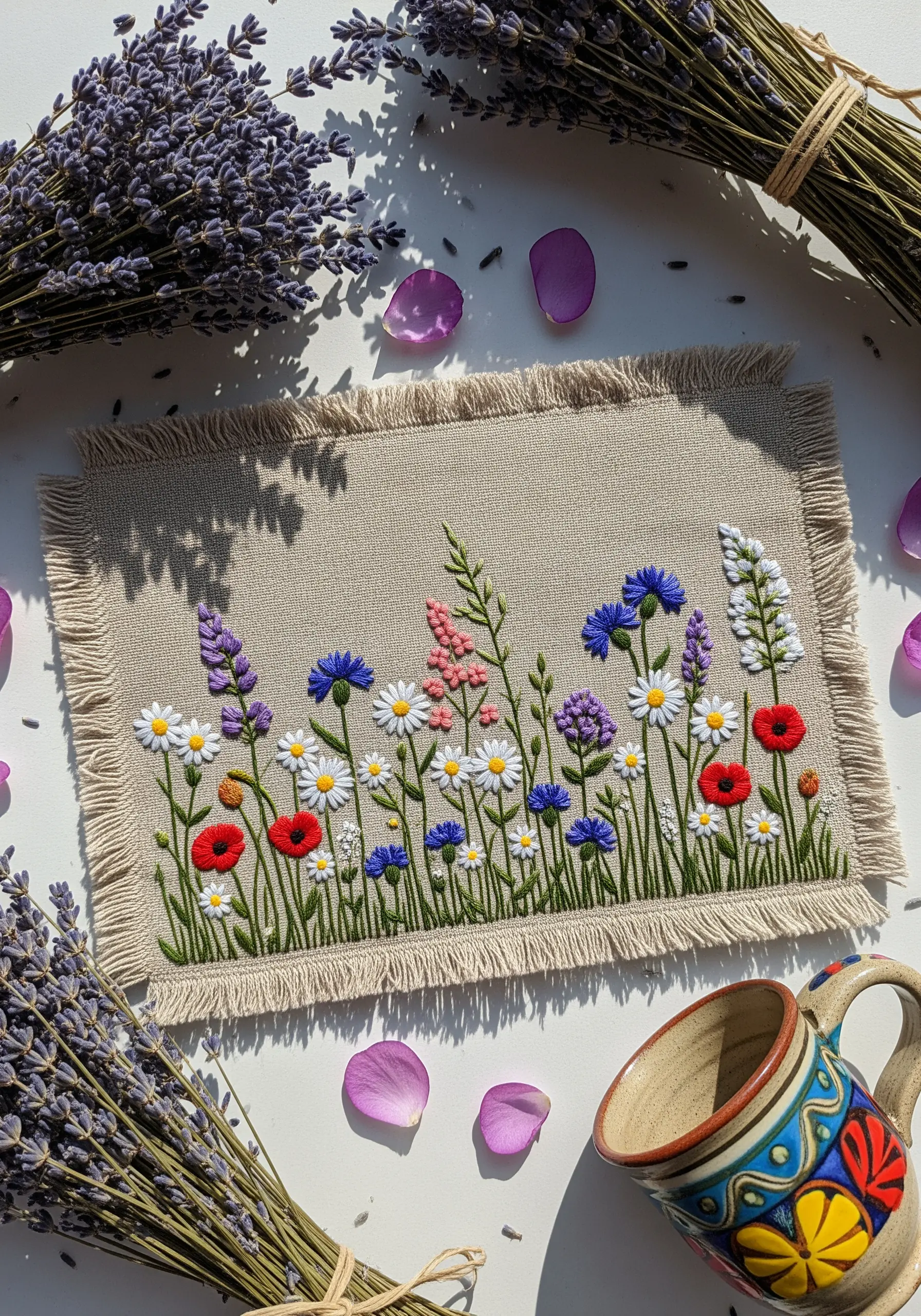A colorful embroidered wildflower meadow on a linen mug rug with a fringed edge.