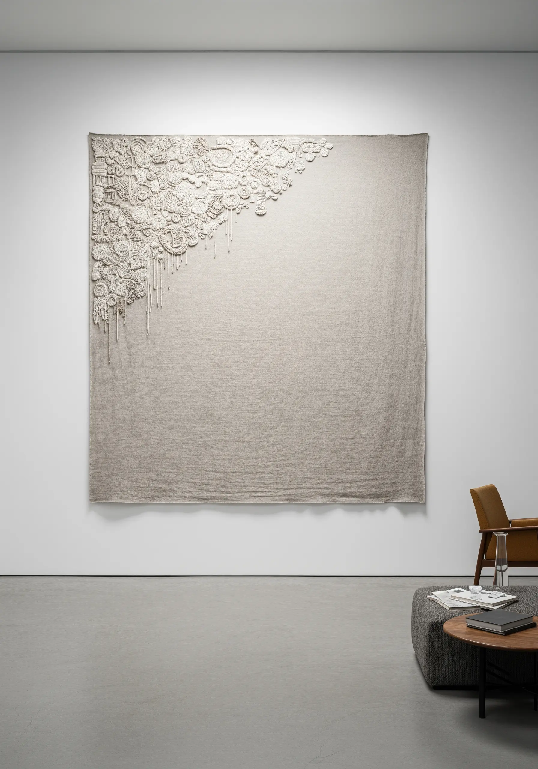 A large canvas with a dense, asymmetrical cluster of textural white embroidery in one corner.