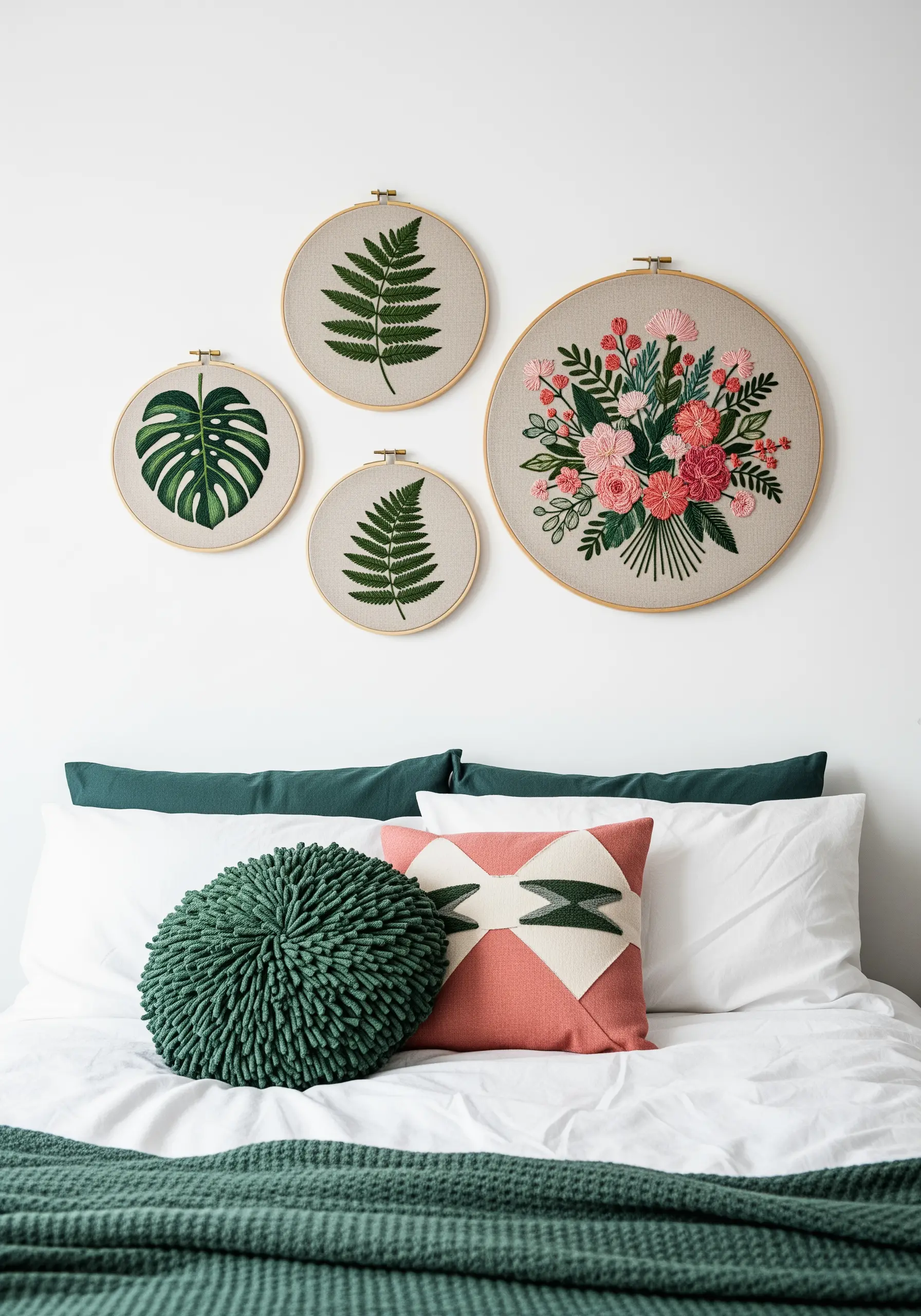 A gallery wall of four embroidery hoops with different botanical designs, including ferns and florals.