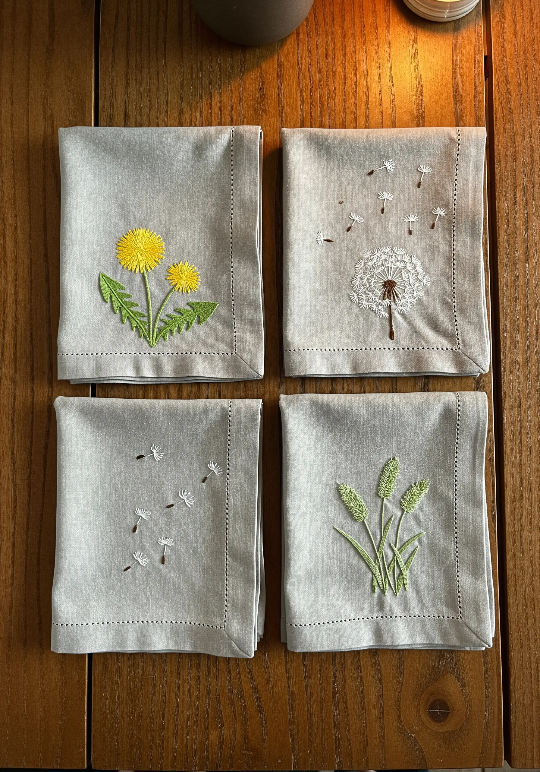 Set of four embroidered napkins with individual dandelion and grass motifs.