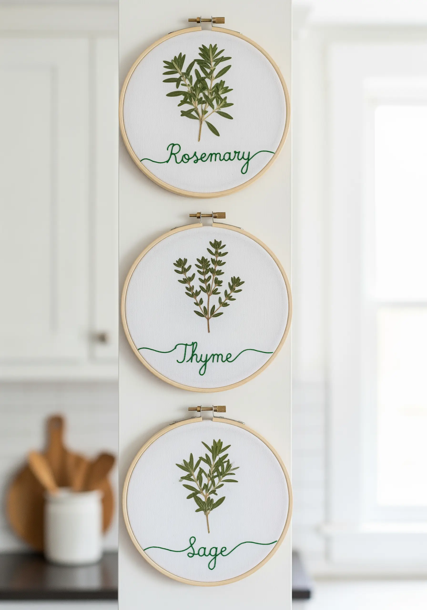 A set of three embroidery hoops, each featuring a pressed herb—rosemary, thyme, and sage—with its name stitched below.