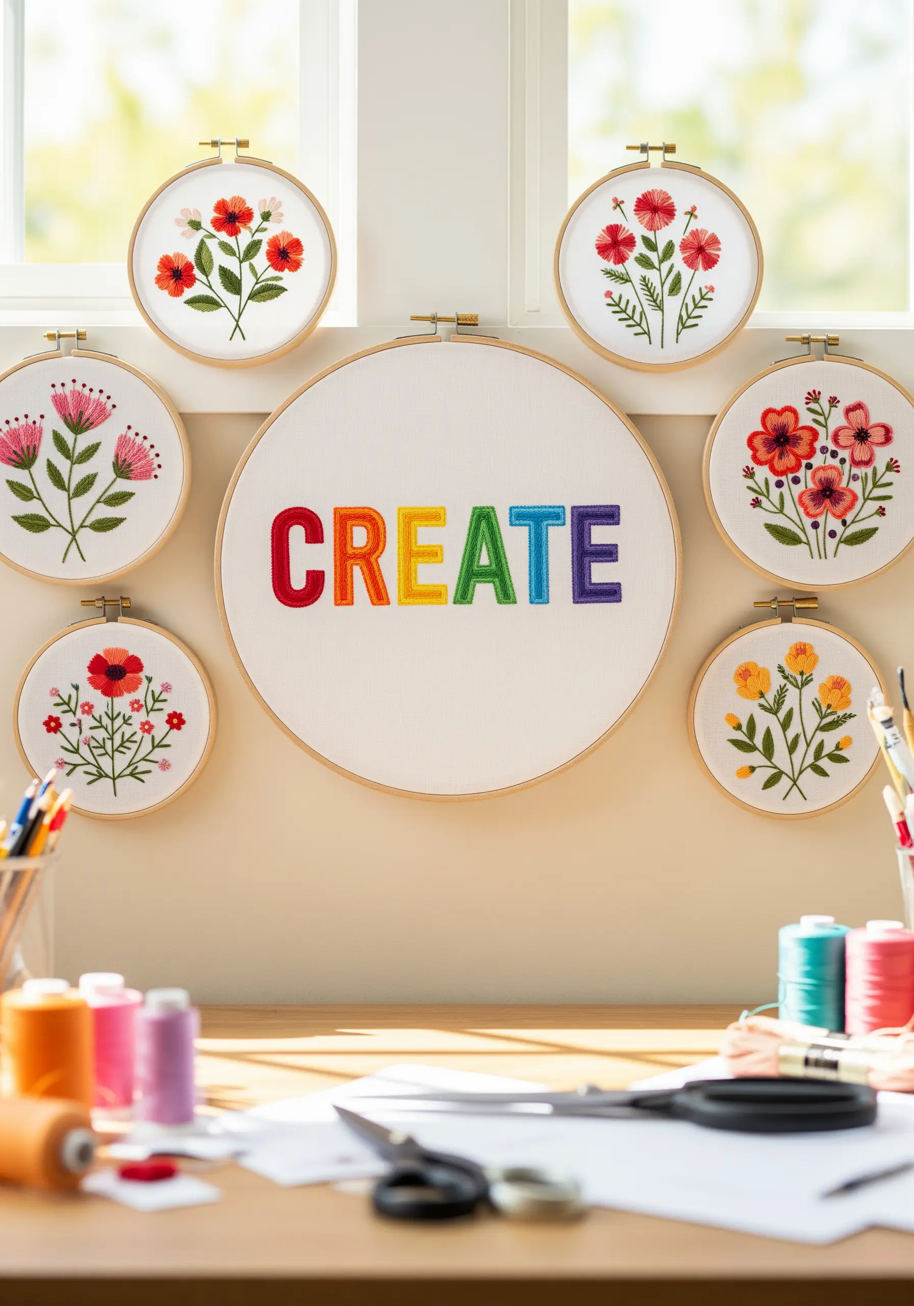 Rainbow satin stitch typography hoop art surrounded by floral embroidery