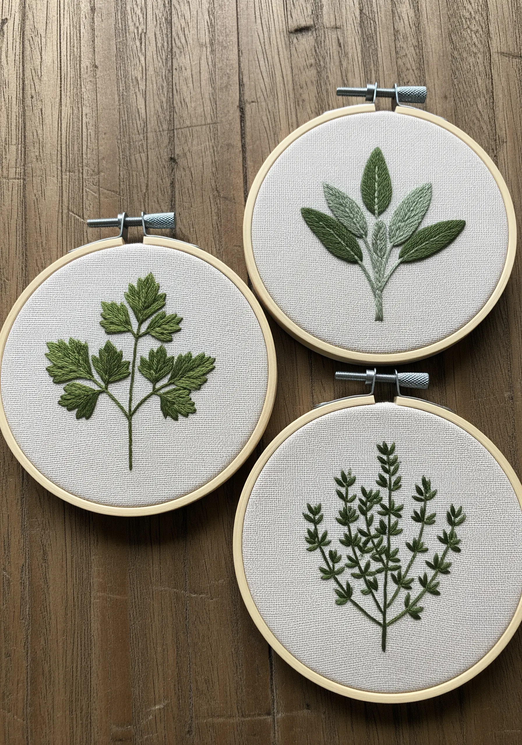 A trio of embroidery hoops displaying sage, parsley, and thyme as a coordinated set.