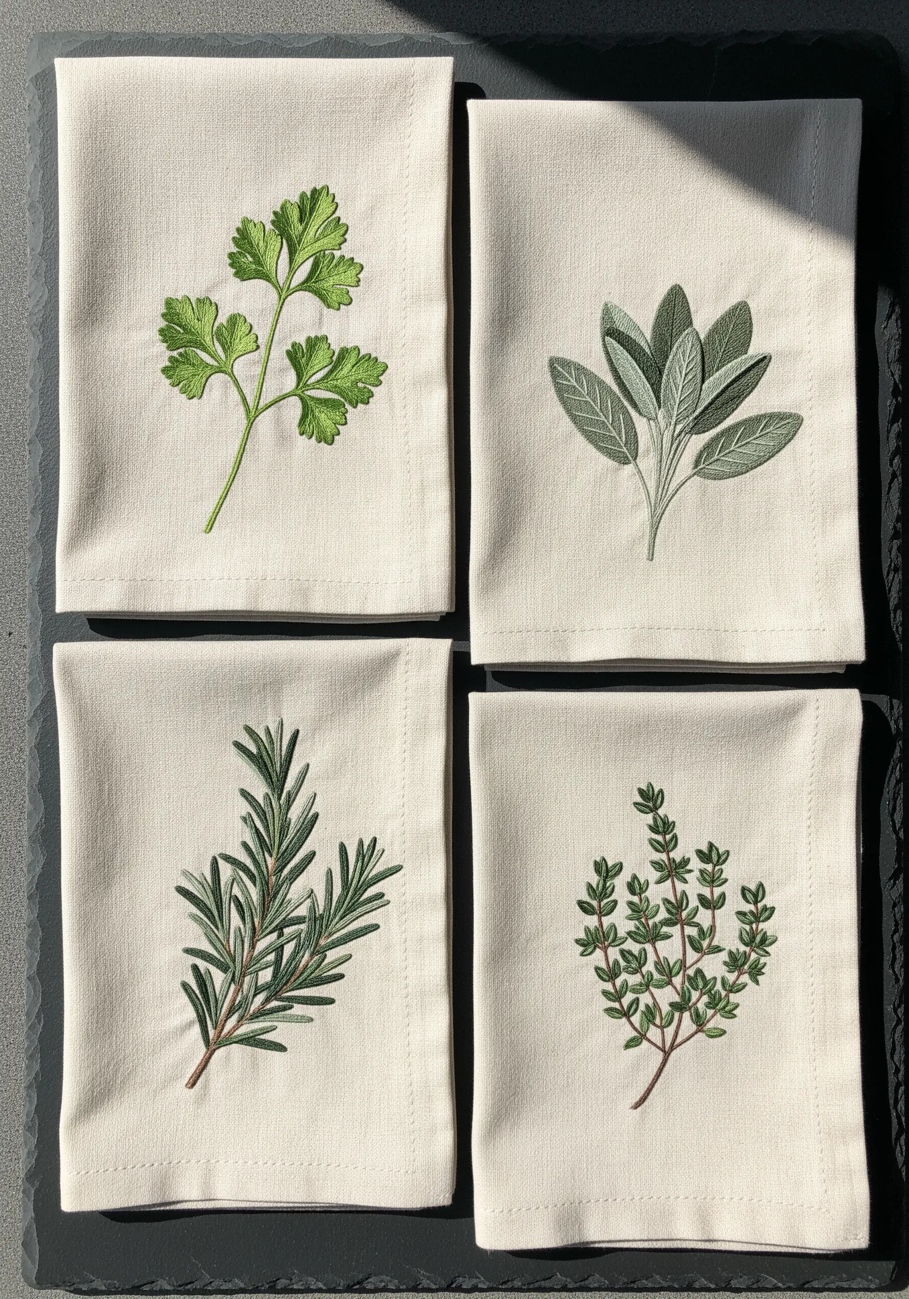 A set of four napkins, each embroidered with a different herb: parsley, sage, rosemary, and thyme.