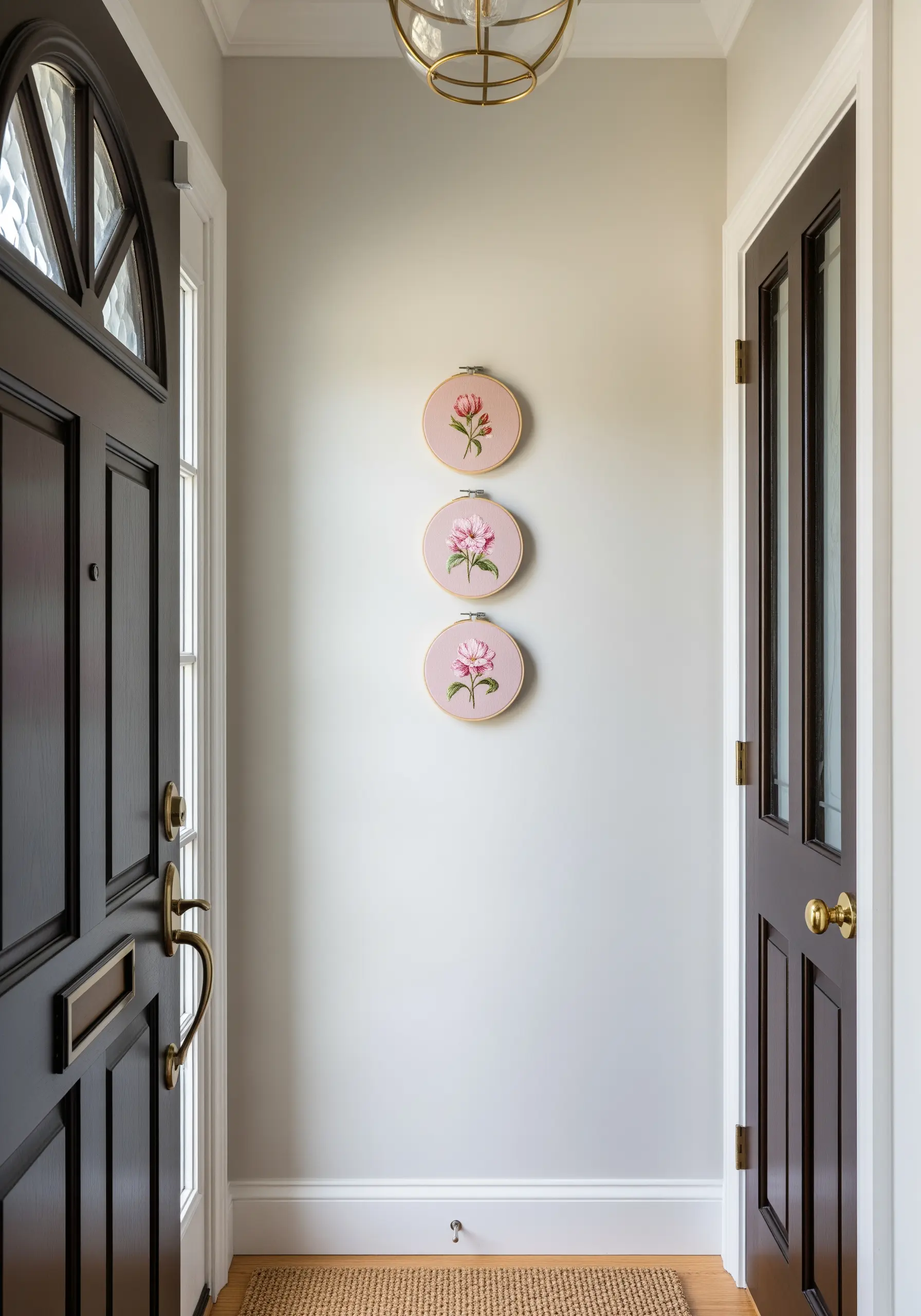 A vertical arrangement of three floral embroidery hoops on a light pink background in an entryway.