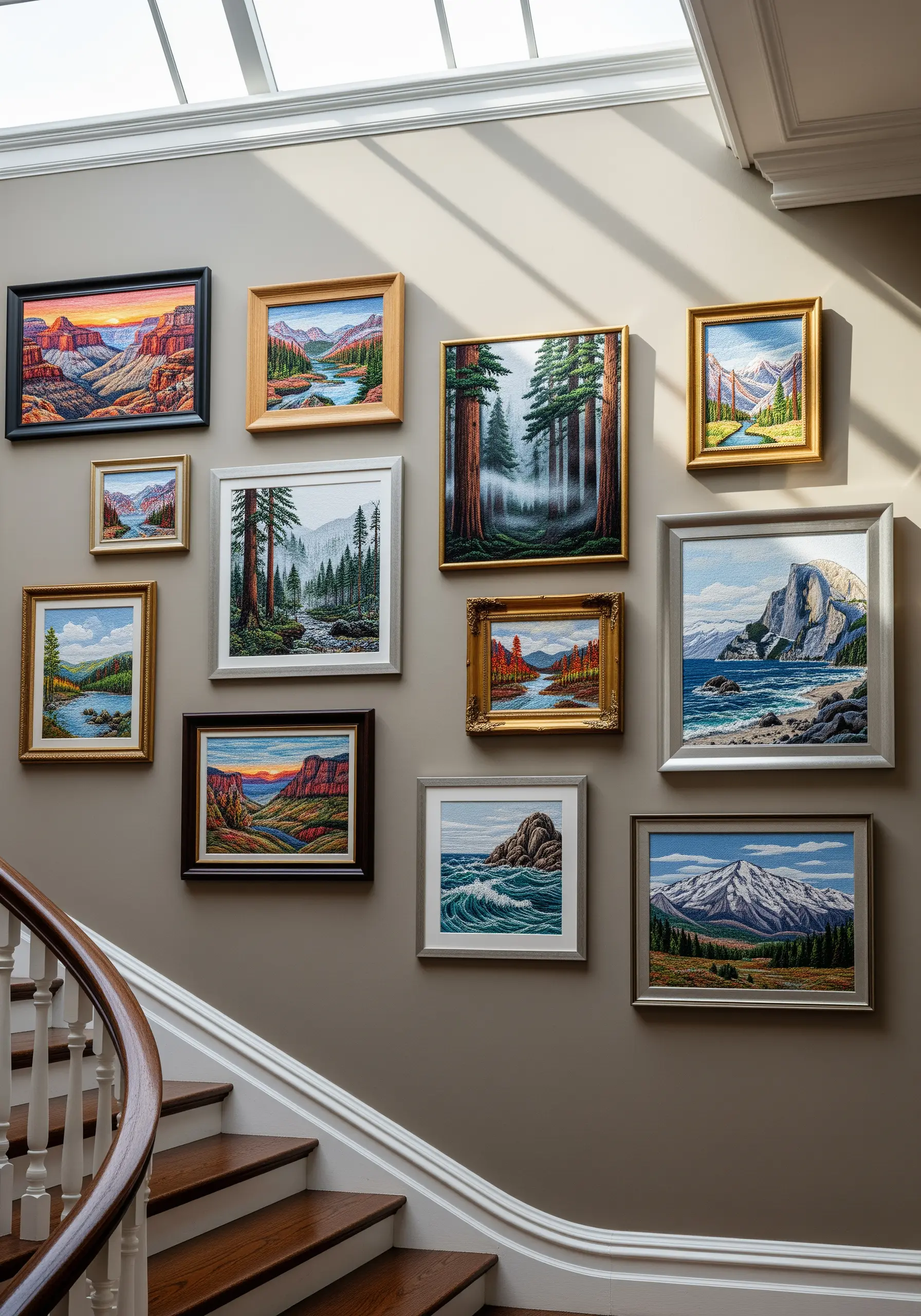 Gallery wall of various landscape embroidery pieces