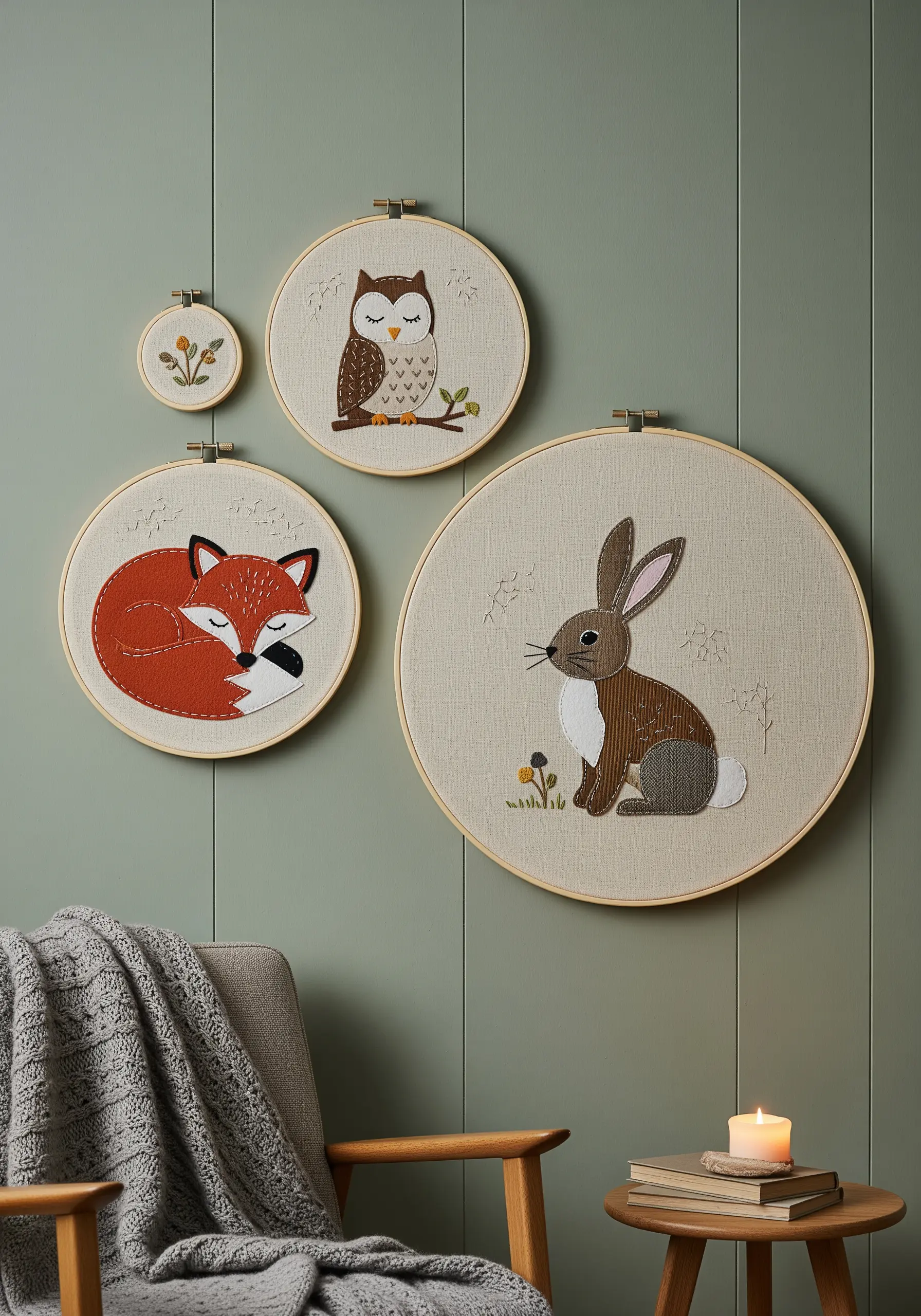 A collection of four embroidery hoops featuring a fox, rabbit, owl, and acorns.