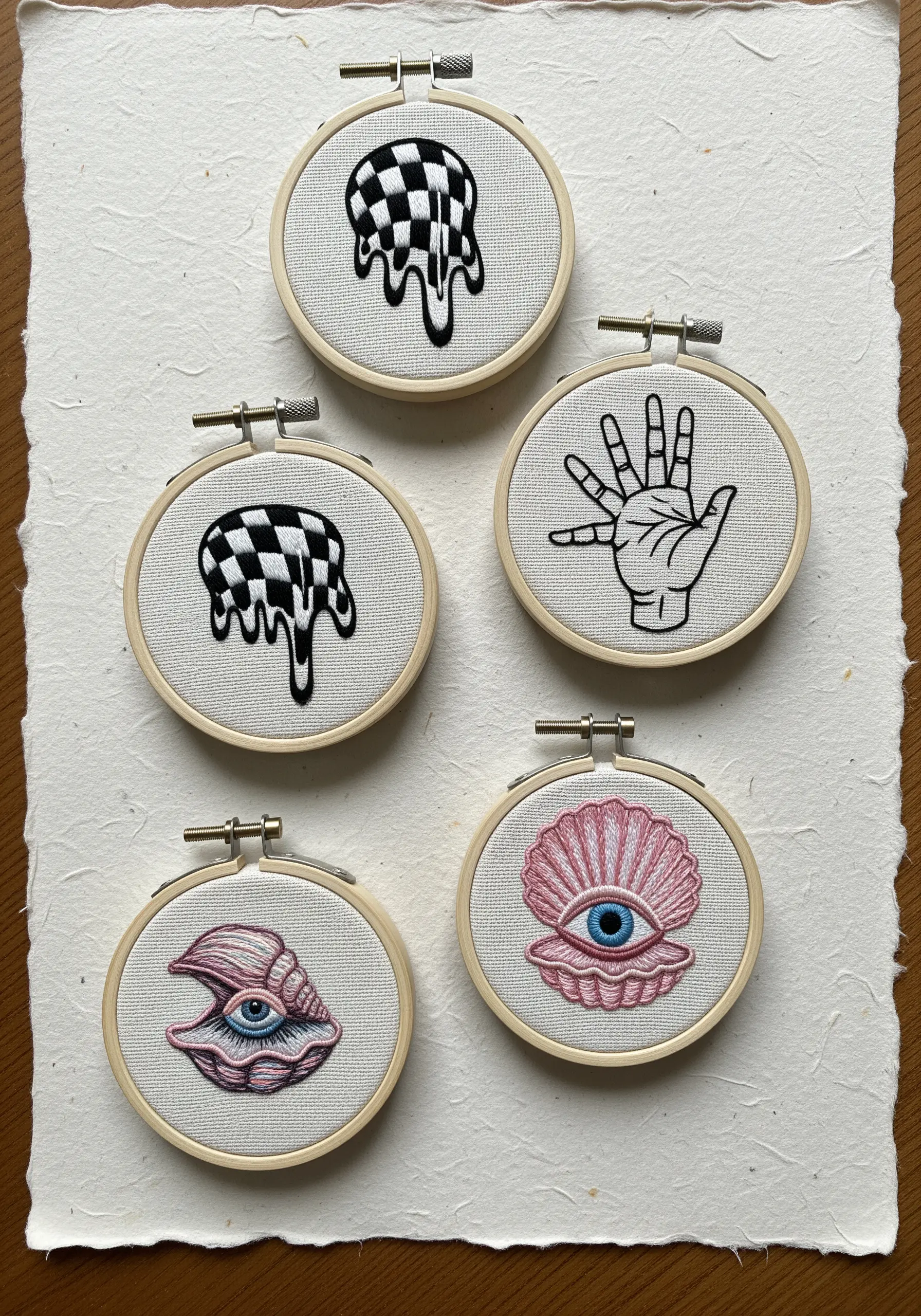 A collection of five mini embroidery hoops with graphic, surrealist motifs.