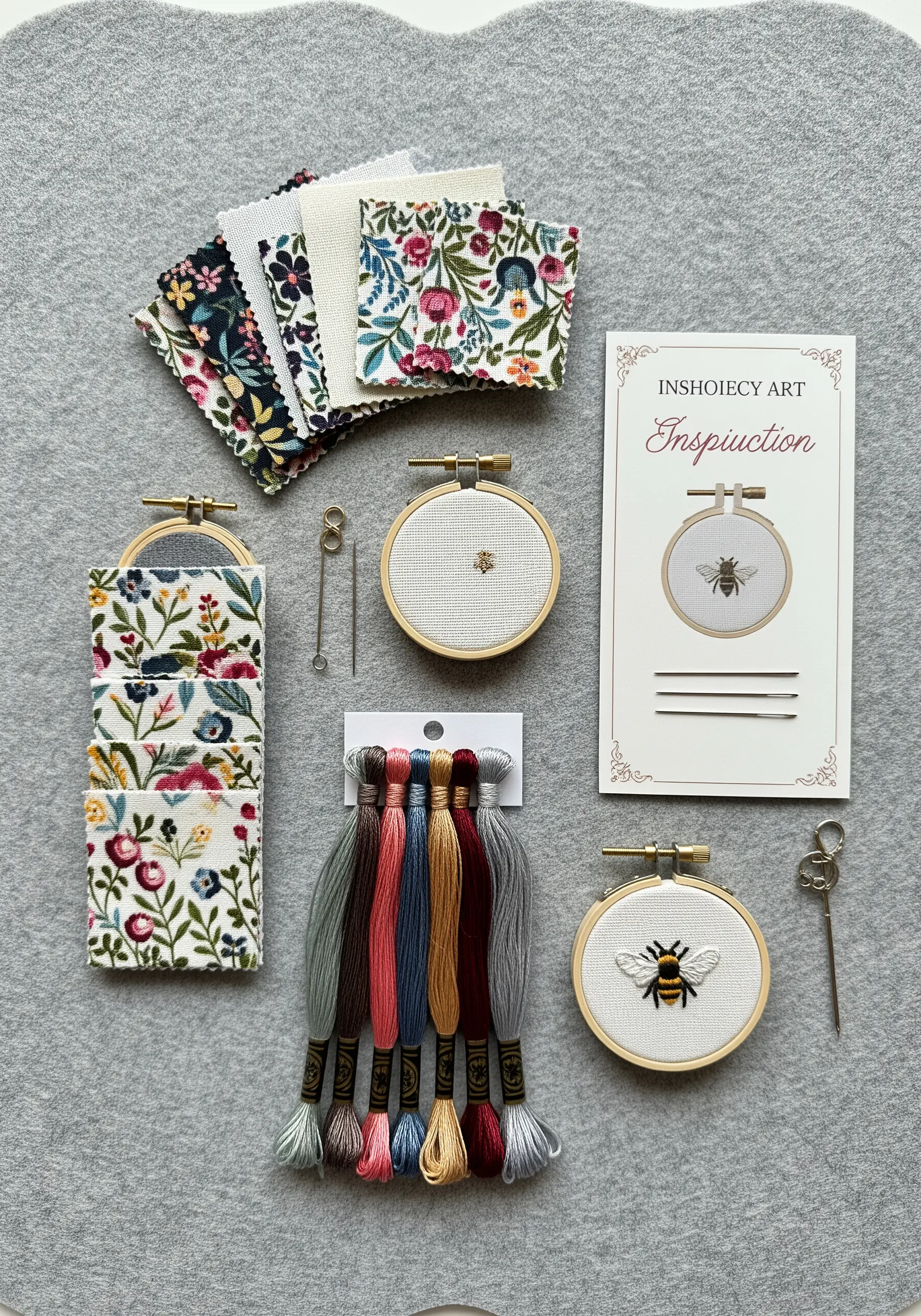 A flat lay of a DIY bee embroidery kit with threads, hoops, and instructions.
