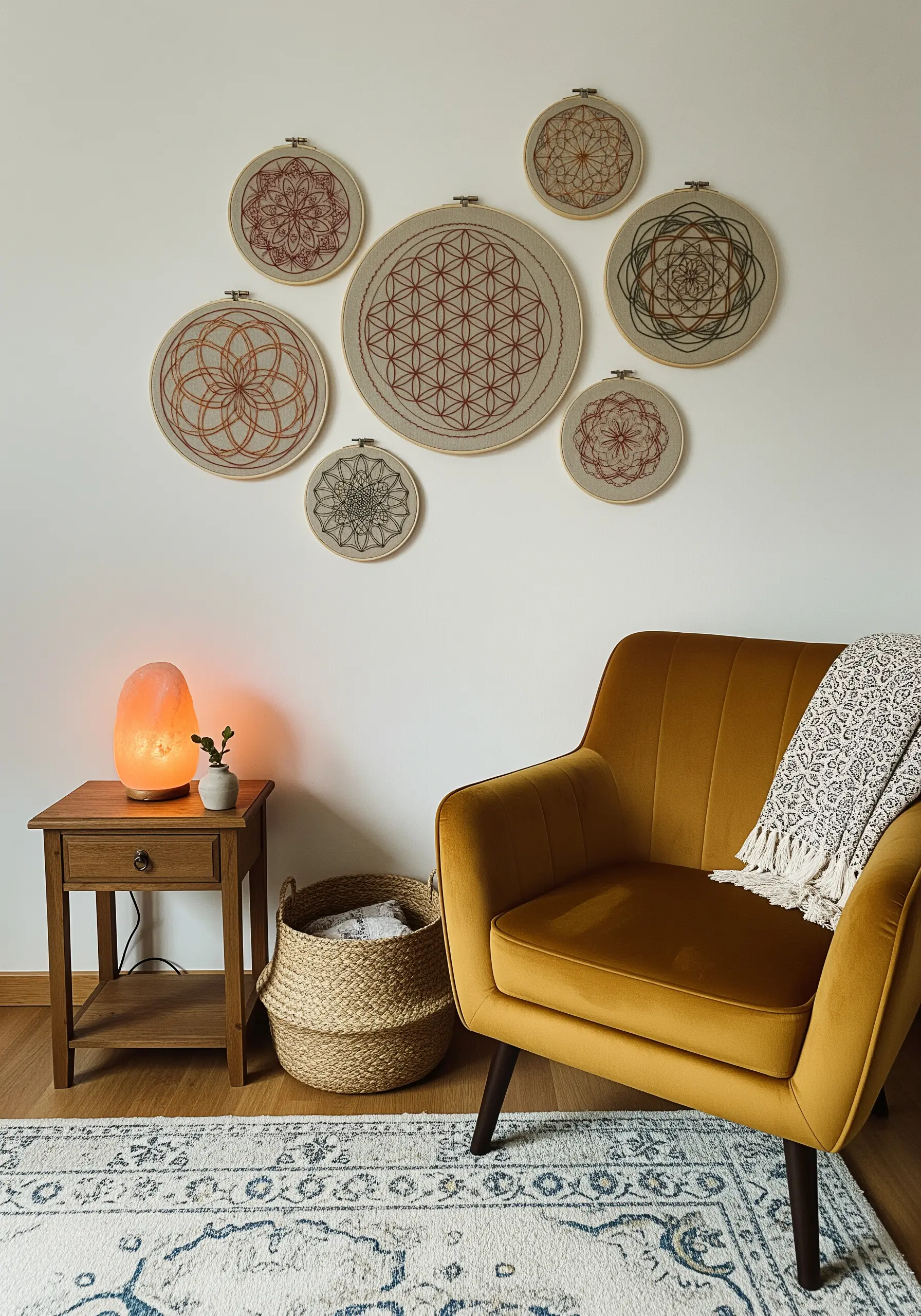 A gallery wall of seven embroidery hoops featuring intricate geometric mandala patterns.