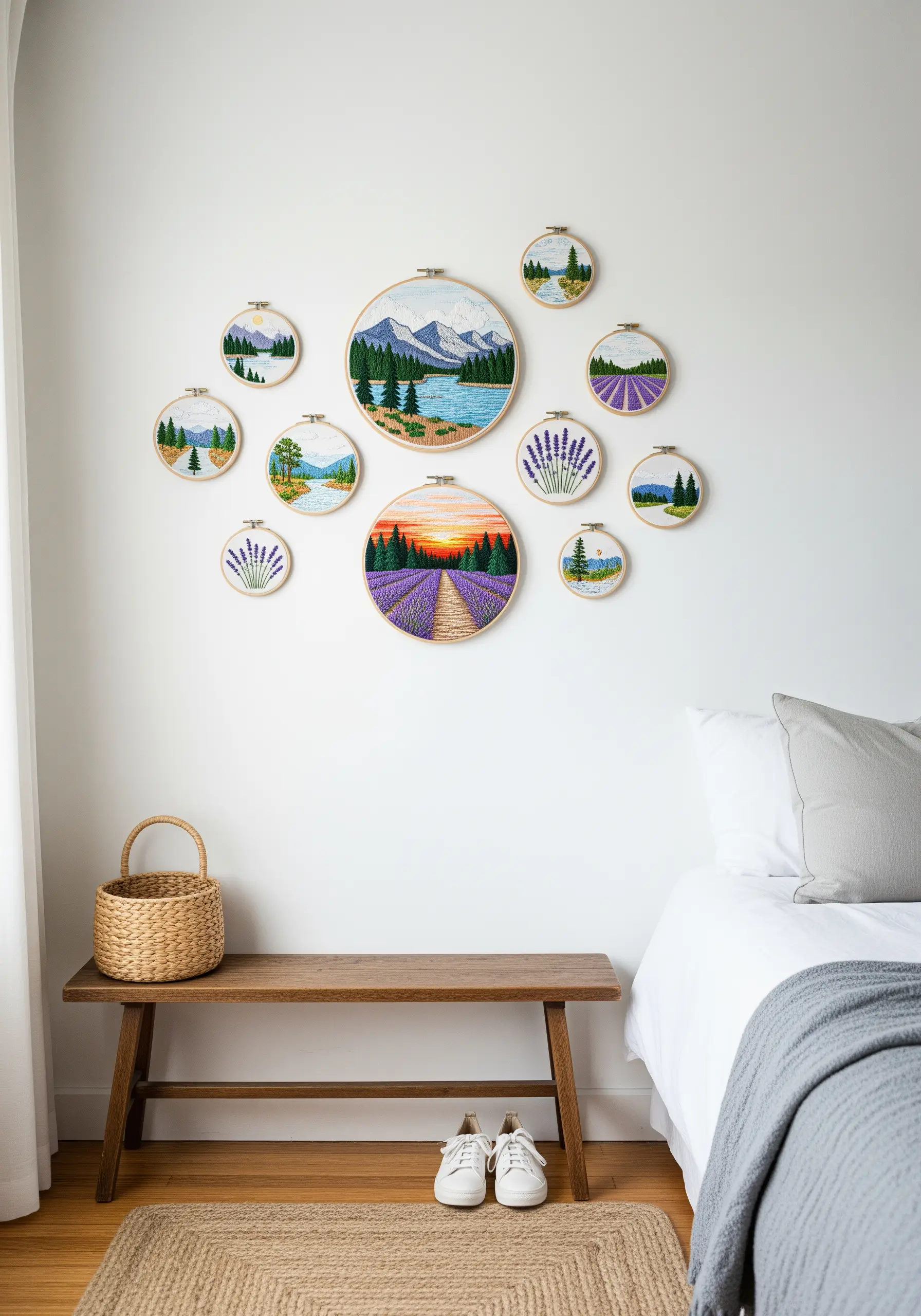 A gallery wall of various-sized embroidery hoops featuring landscape and lavender scenes