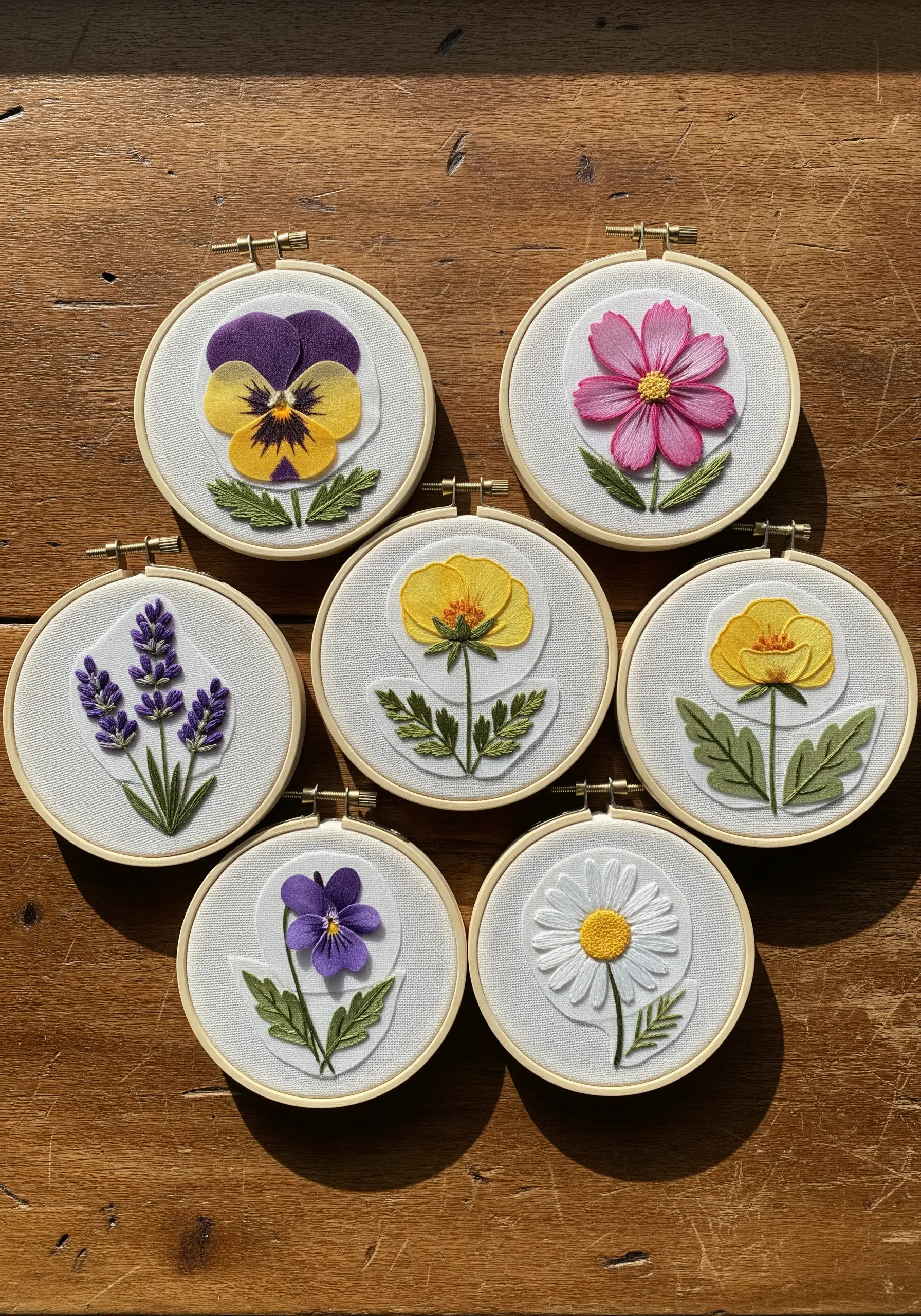 A collection of seven small embroidery hoops, each with a single pressed flower design.