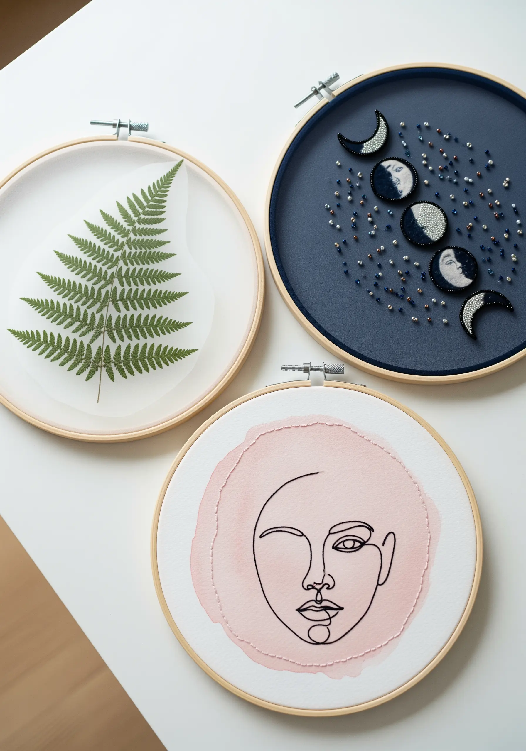 Three embroidery hoops with mixed-media art: a pressed fern, beaded moons, and a line-art face.