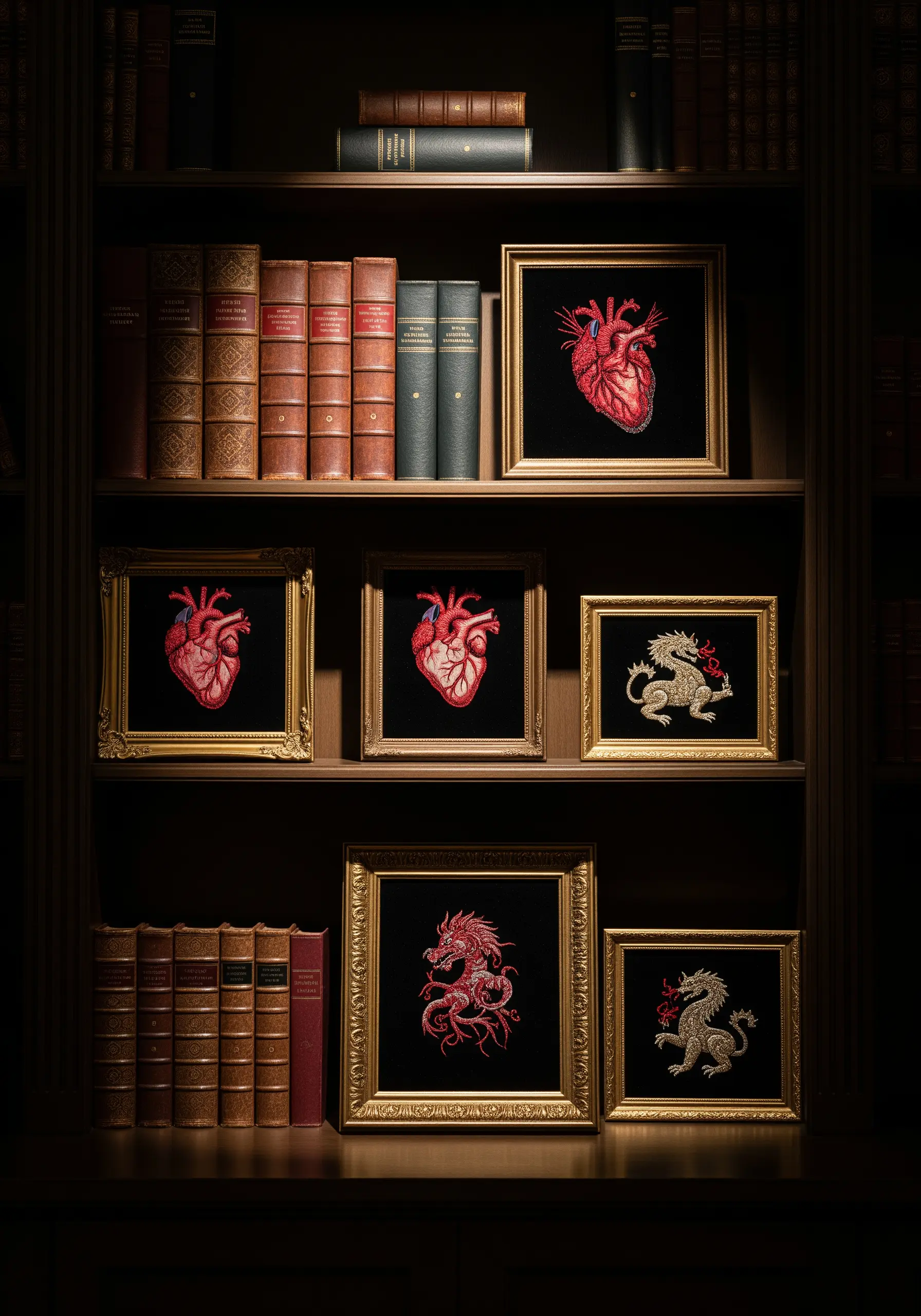 A dark bookshelf with framed embroidery of anatomical hearts and dragons on black velvet.