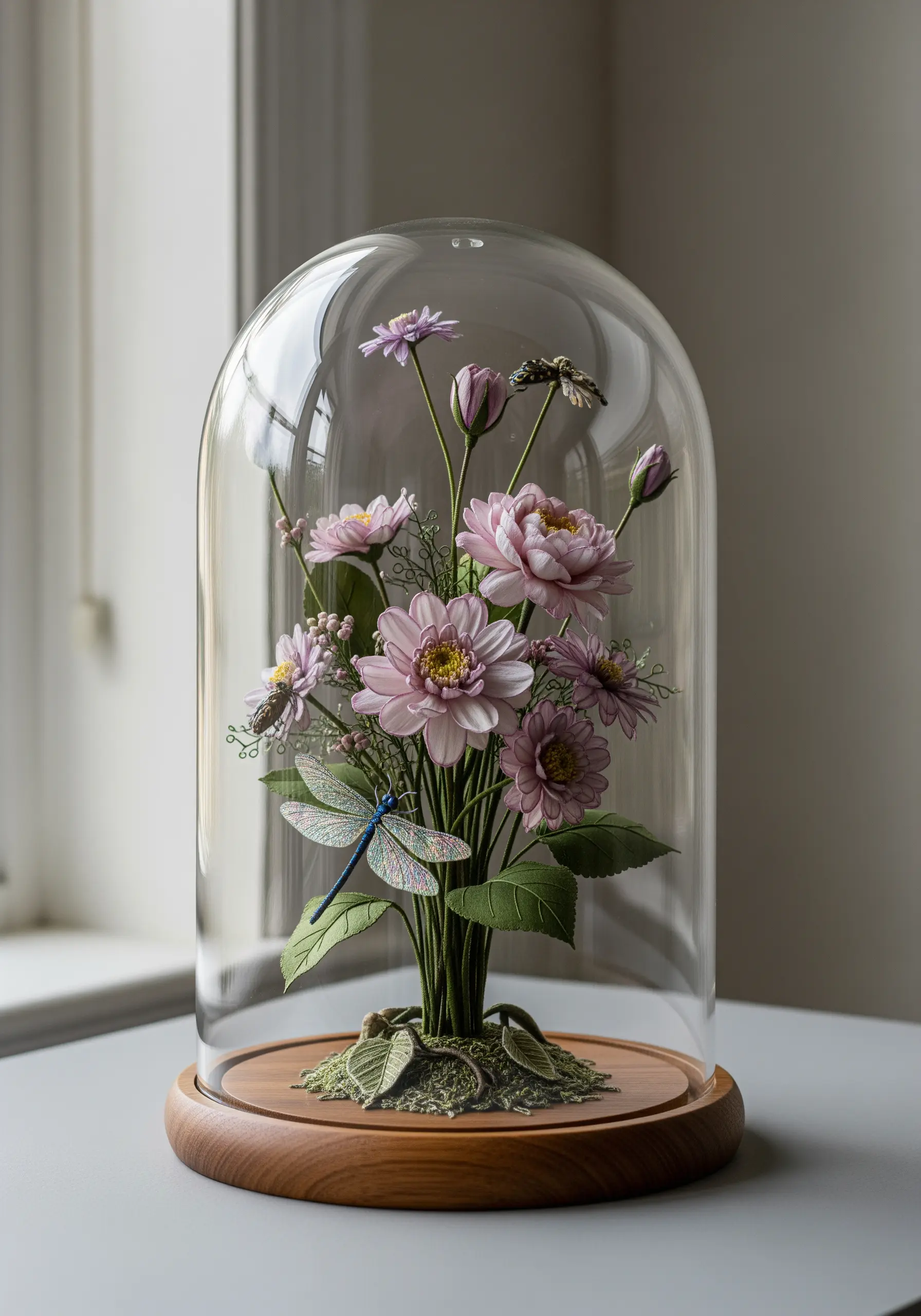 A 3D embroidered bouquet of pink flowers with a dragonfly under a glass cloche.