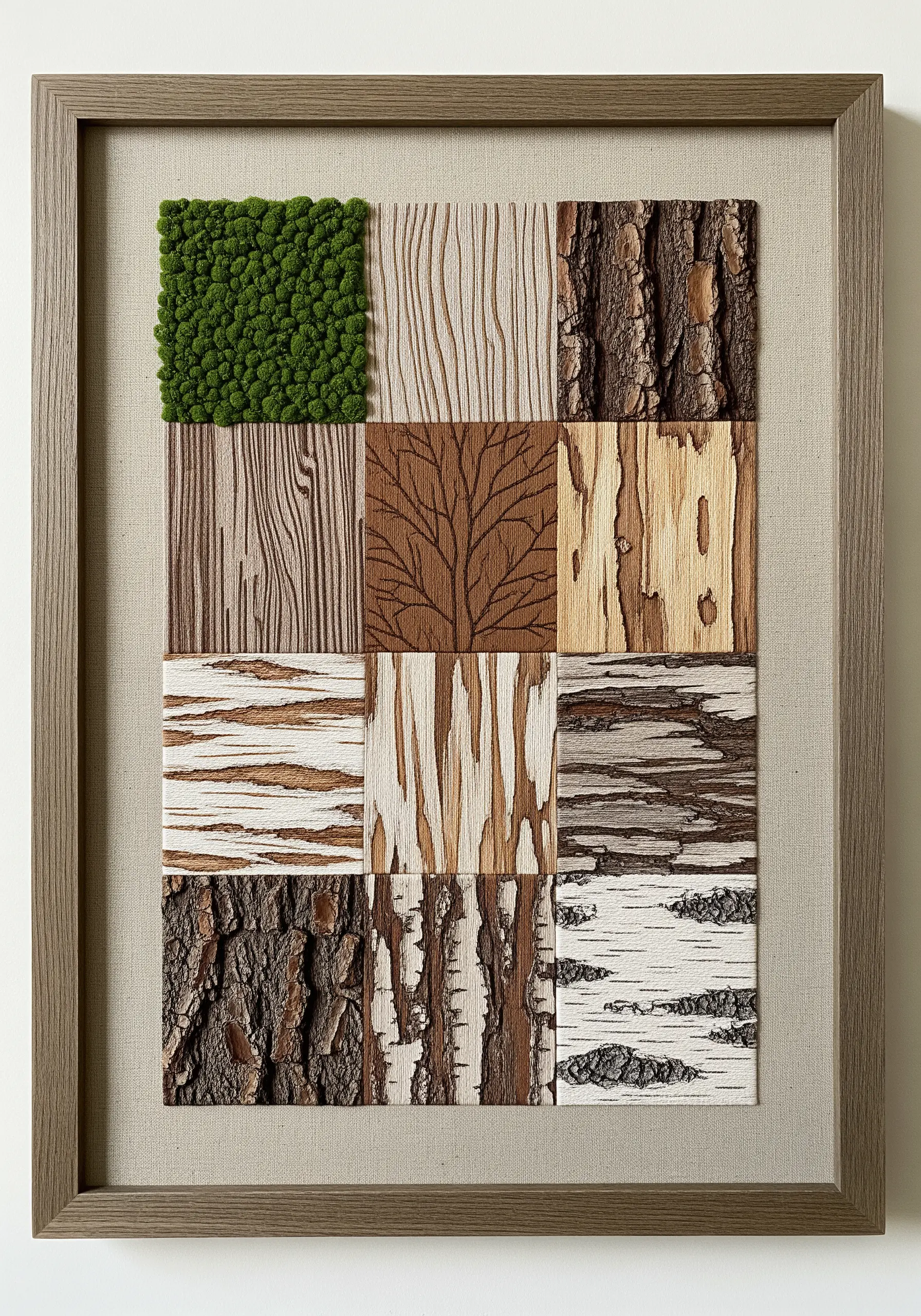 A framed sampler of twelve different embroidered wood grain and bark textures.