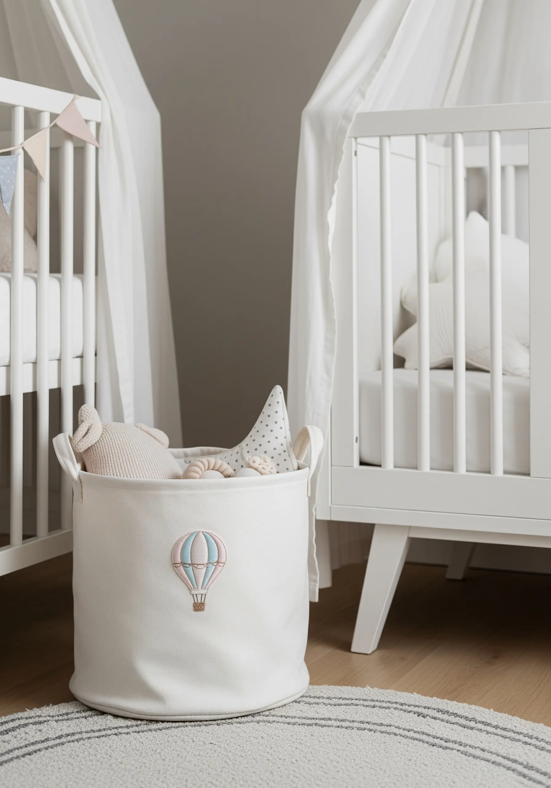 A pastel hot air balloon embroidered on the front of a canvas toy basket in a nursery.