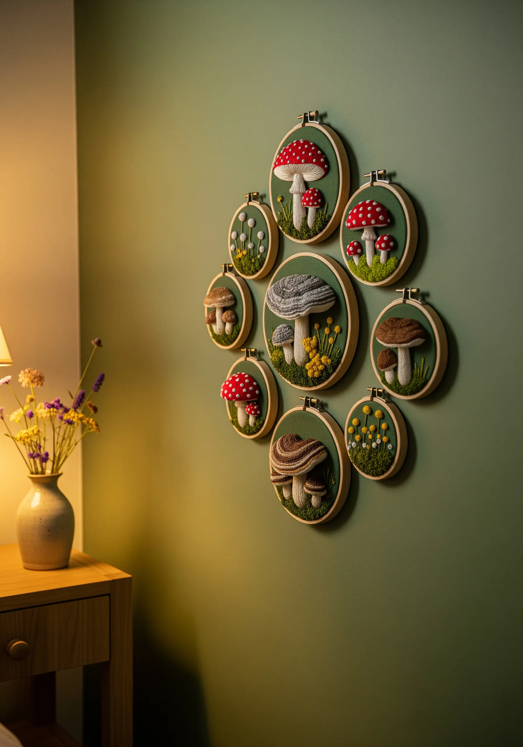 A gallery wall arrangement of multiple embroidery hoops featuring different mushroom species.