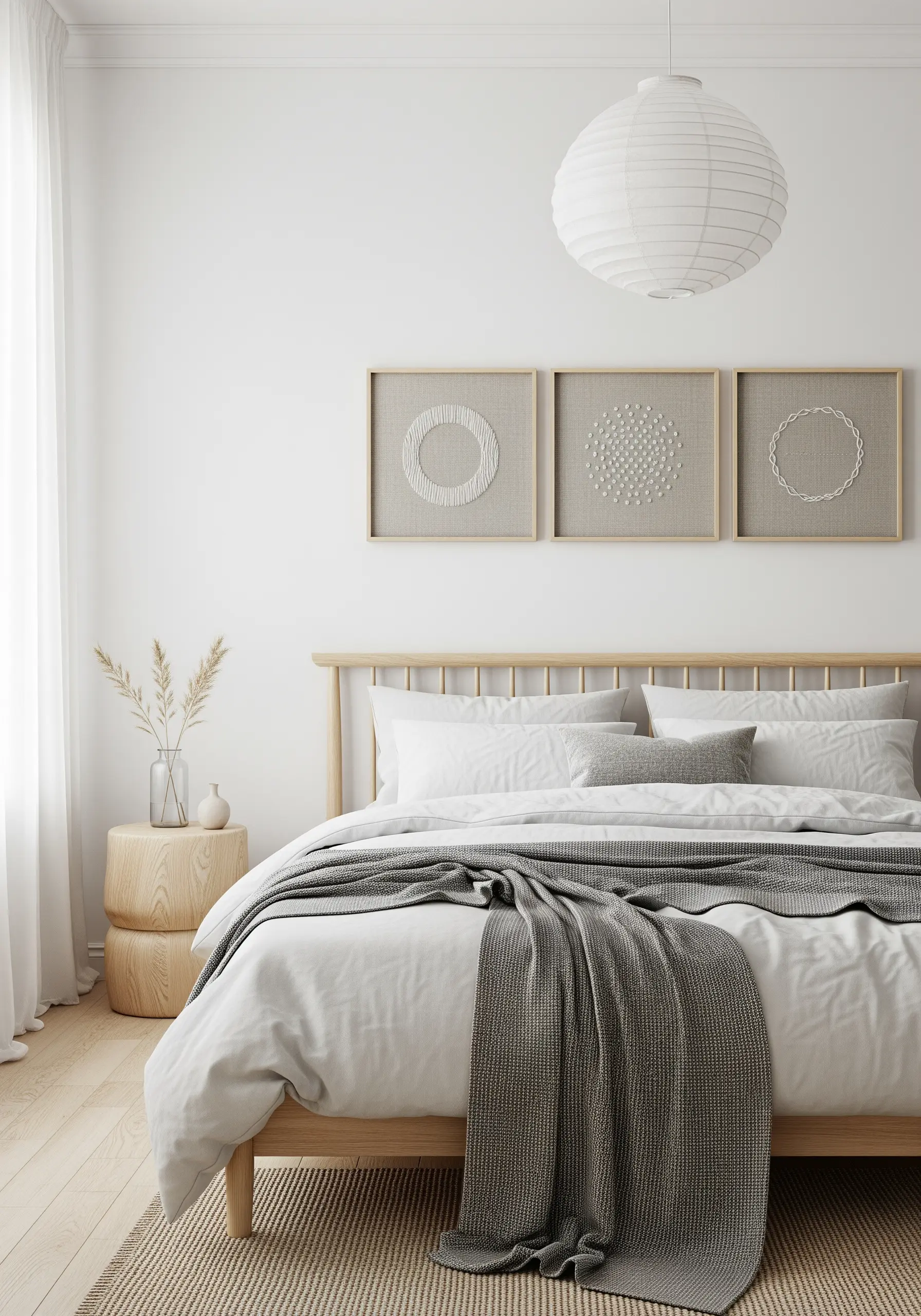 A set of three framed minimalist embroidery hoops with circular motifs above a bed.
